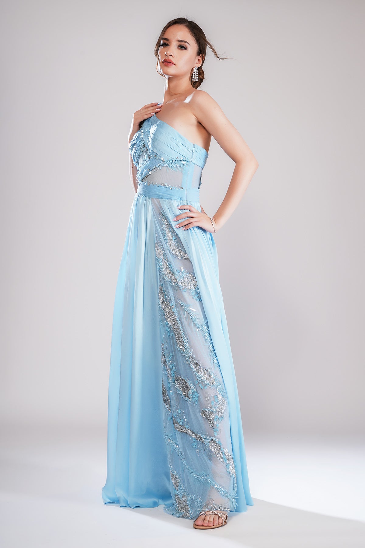 Blue Pleated One Shoulder Gown