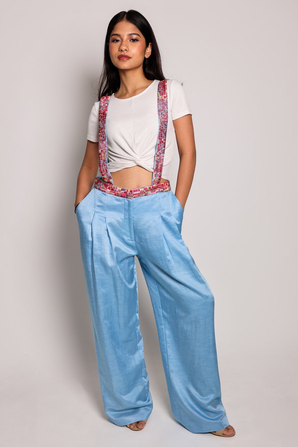 Arya Giri Blue Pleated Wide Leg Dungrees for women online at ScrollnShops