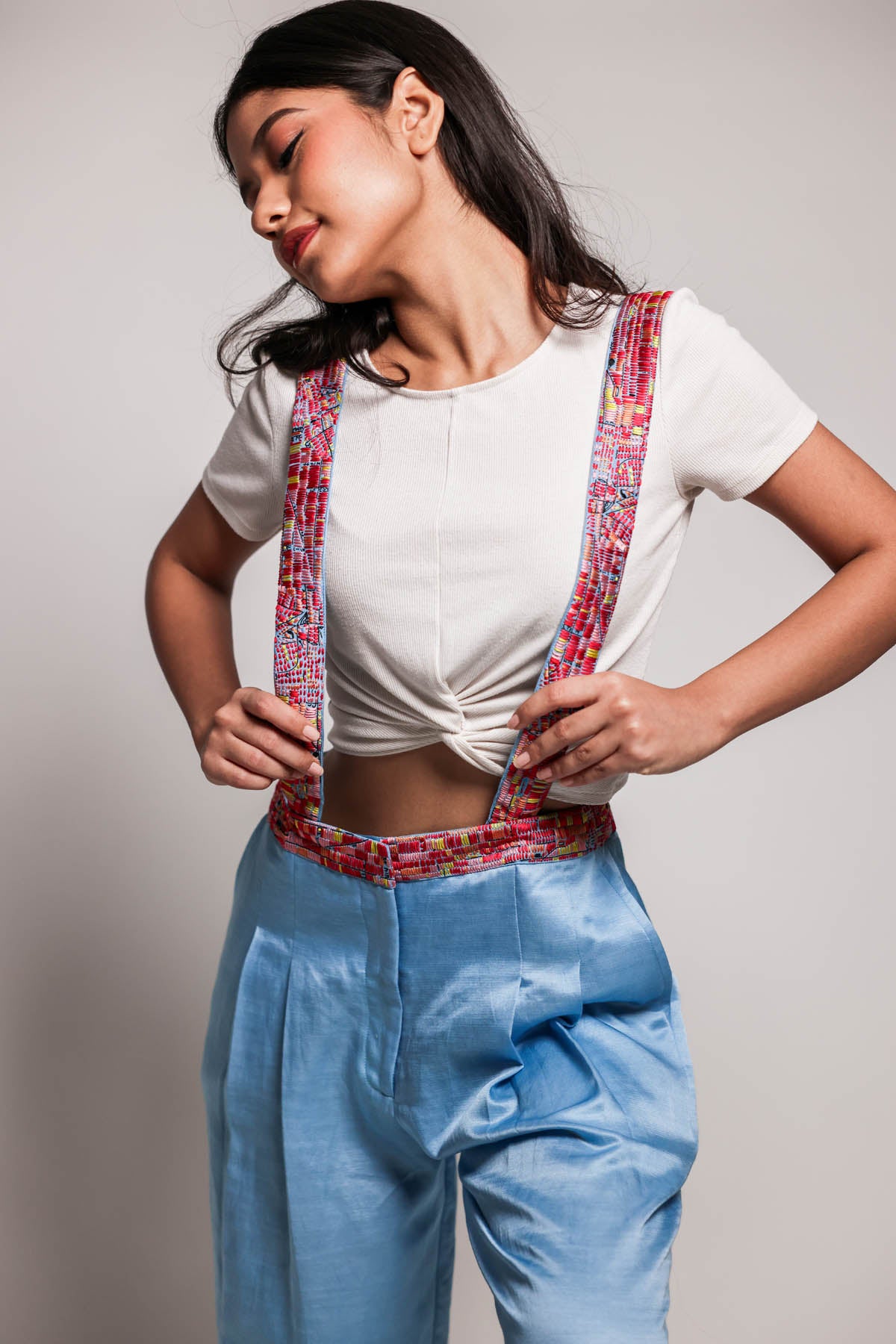 Blue Pleated Wide Leg Dungrees