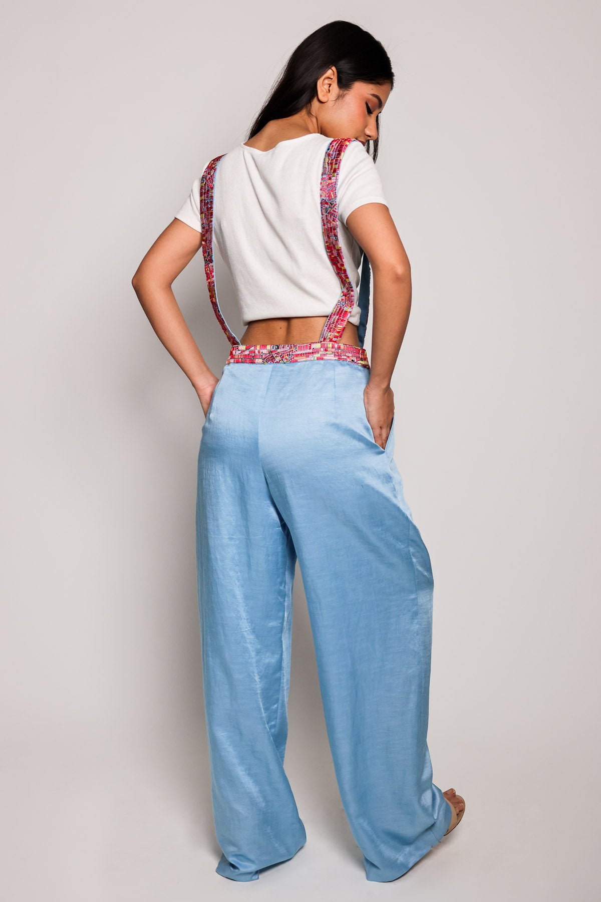 Blue Pleated Wide Leg Dungrees