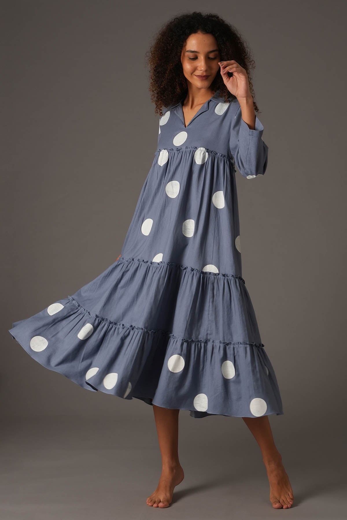 Blue Polka Printed Midi Dress