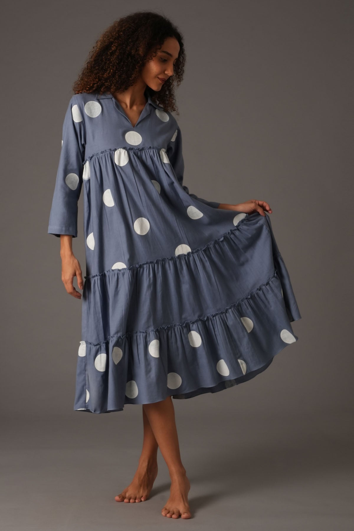 Buy Designer Blue Polka Printed Midi Dress Online