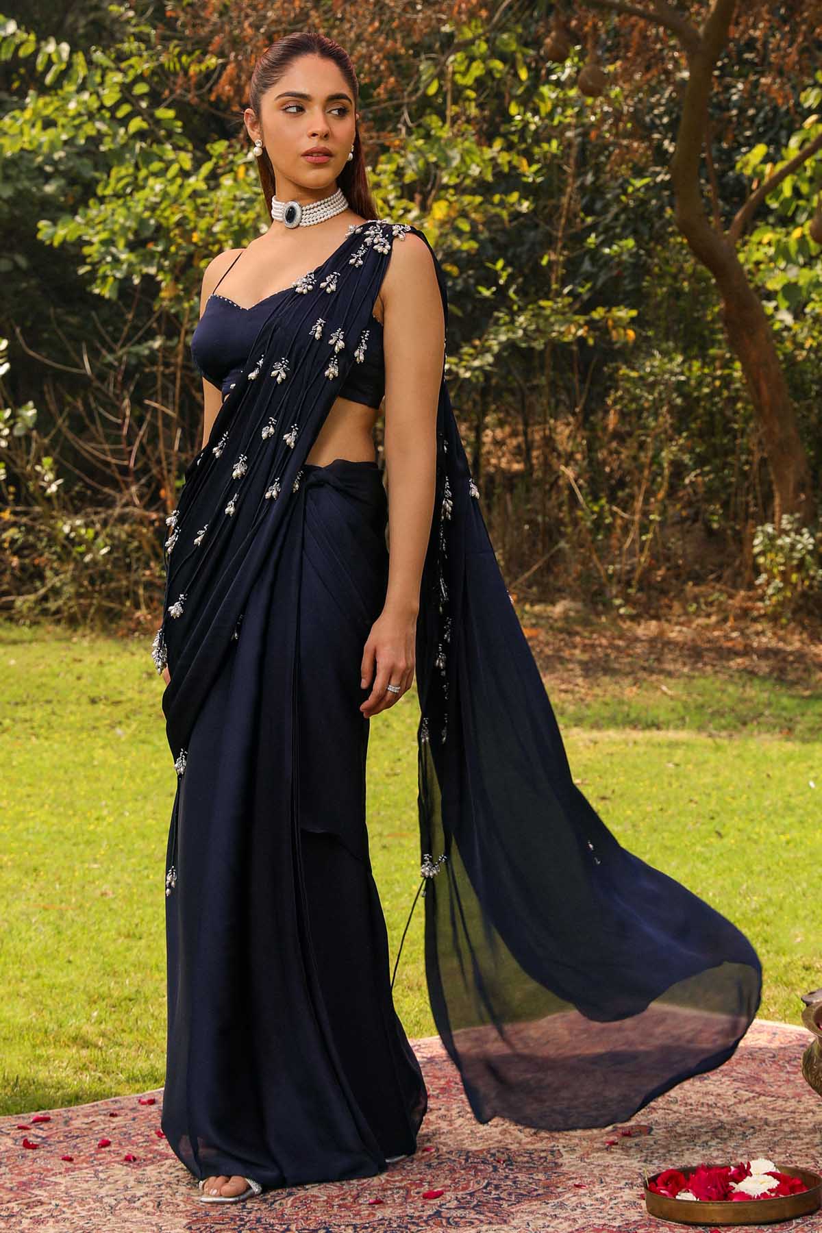 Blue Pre-Drape Saree & Blouse