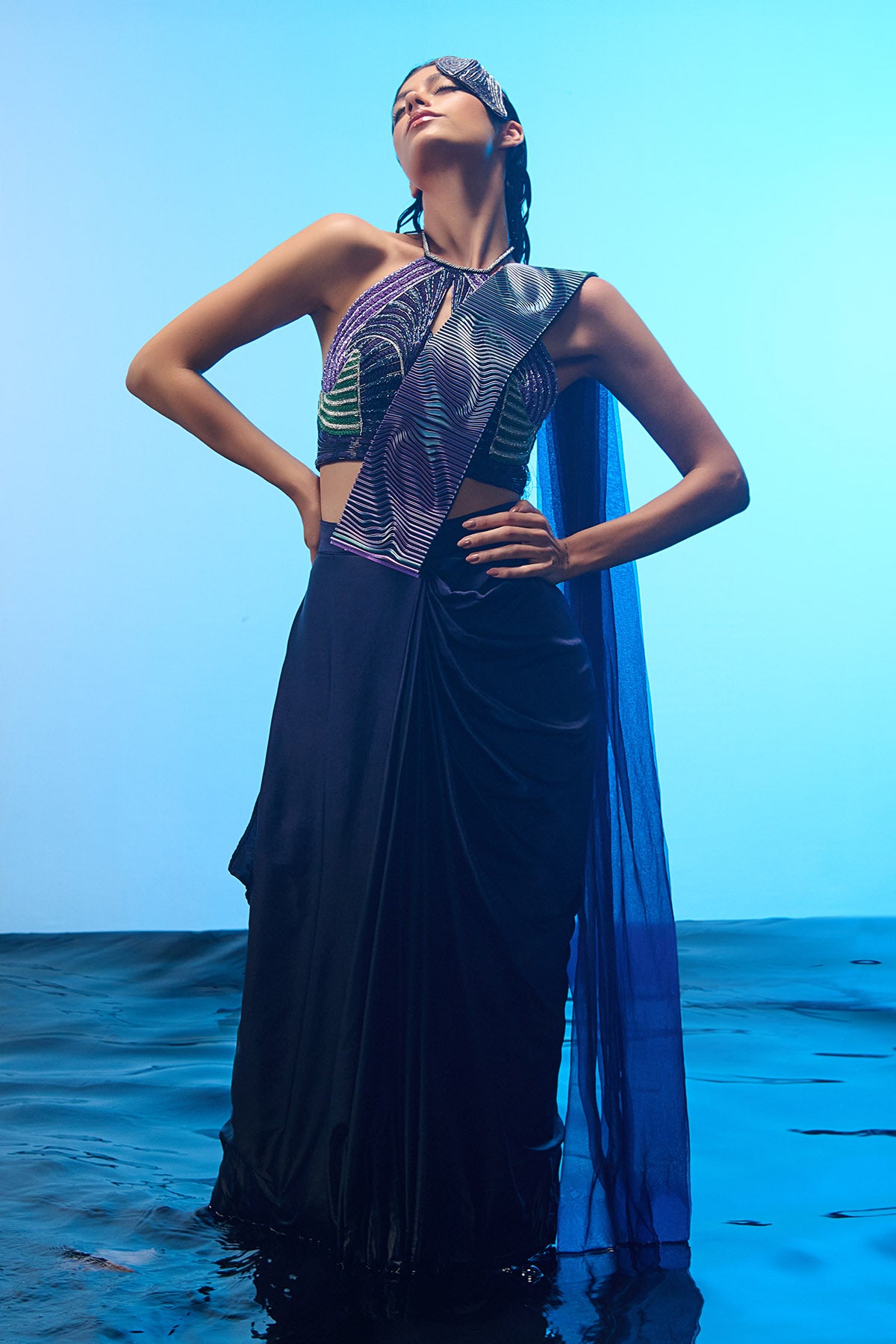 Blue Pre-Draped Saree & Blouse