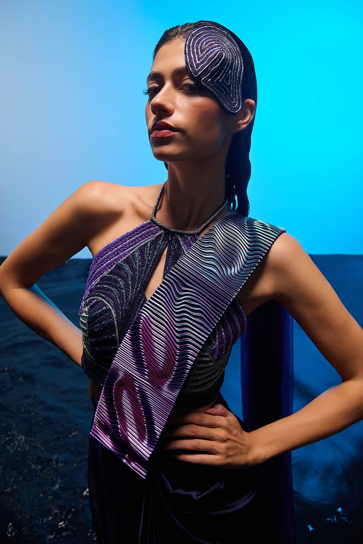 Blue Pre-Draped Saree & Blouse