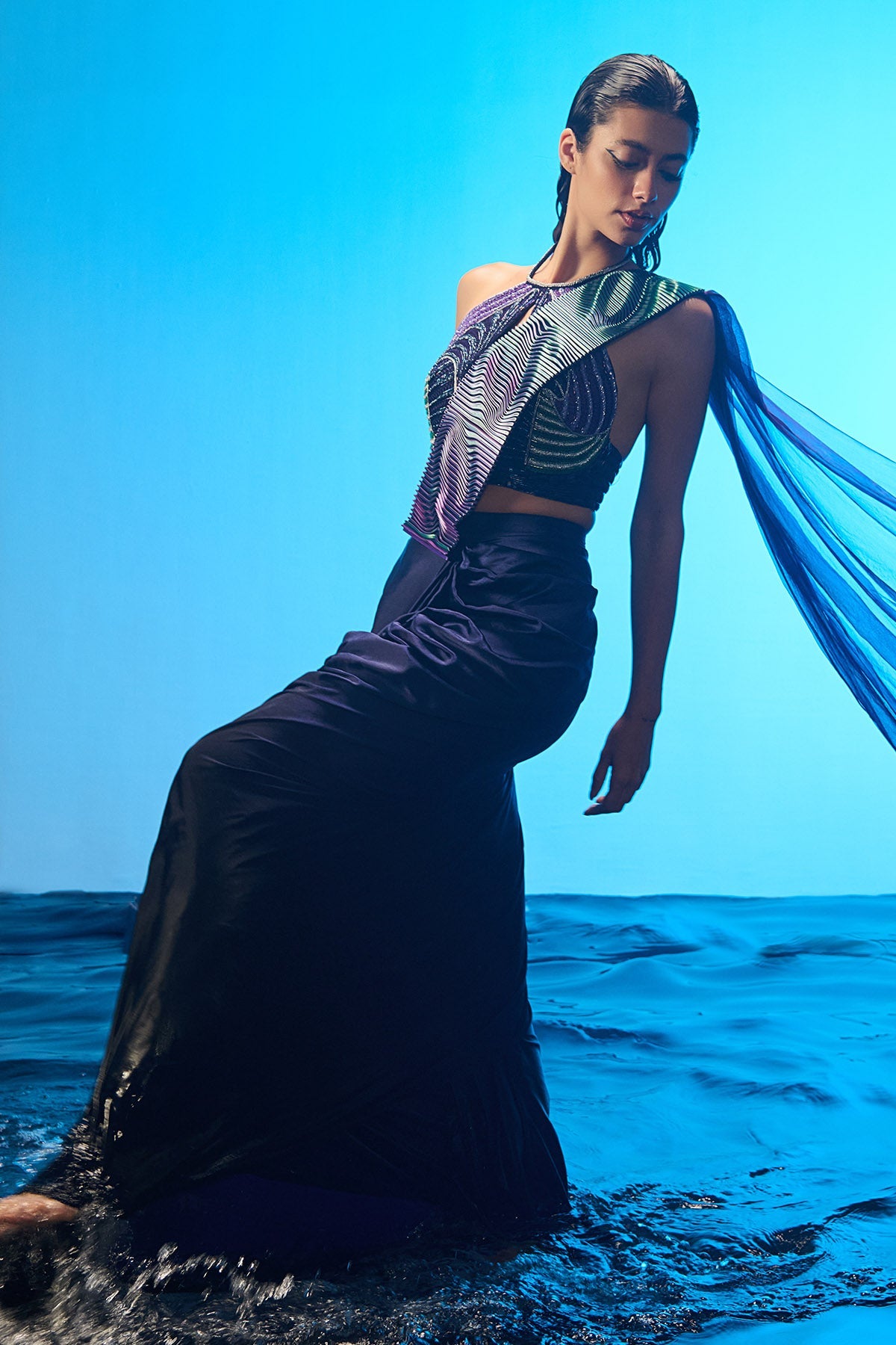 Buy Blue Pre-Draped Saree & Blouse by Asaaye for women online at ScrollnShops