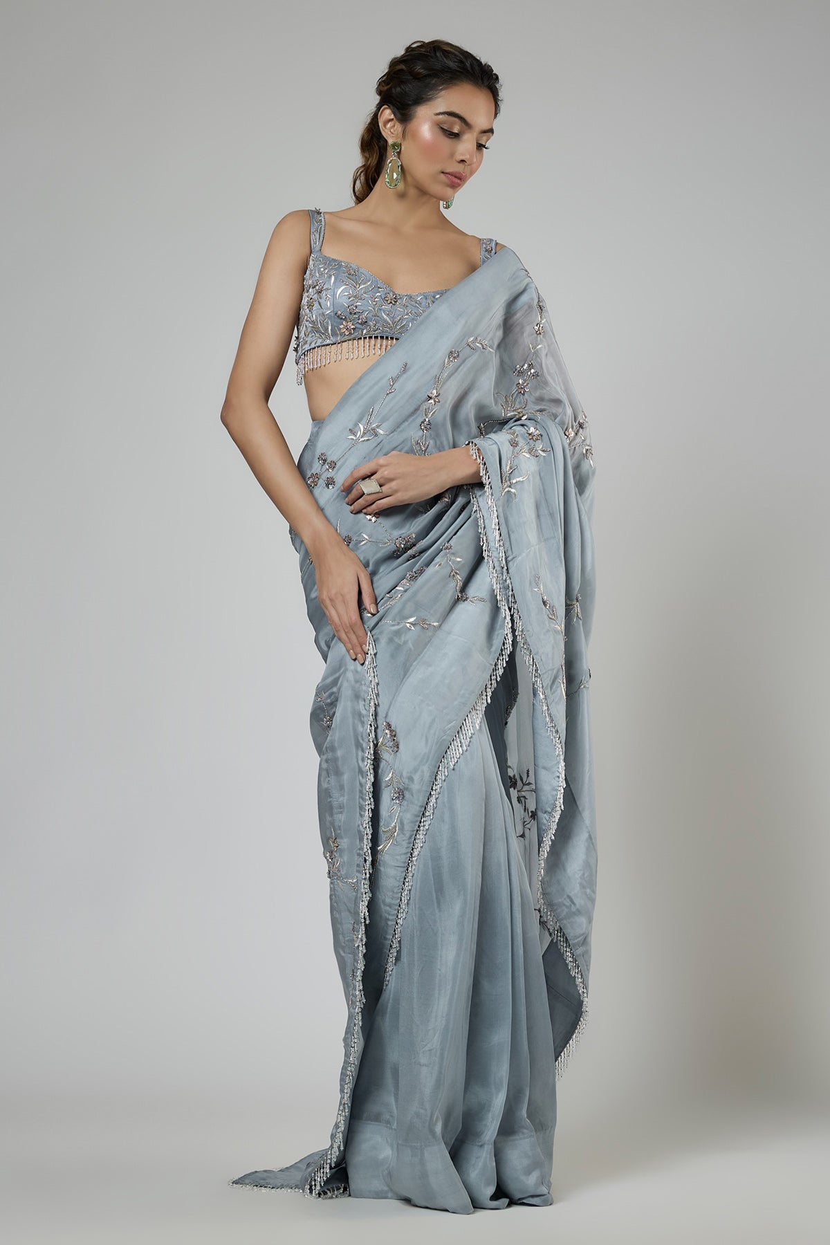 Buy Blue Prestitch Saree & Blouse for women by Masumi Mewawalla online available at scrollnshops