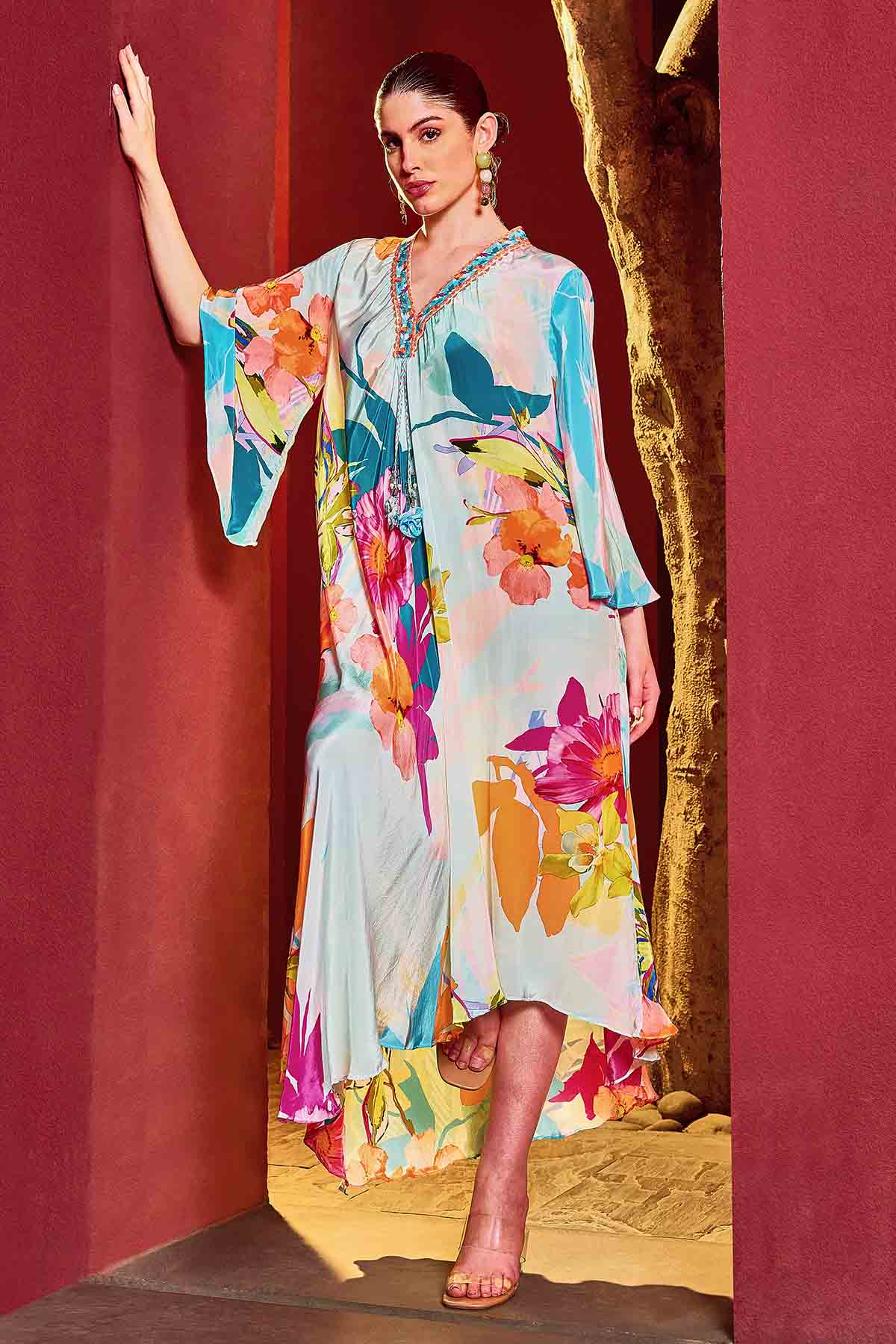Buy Blue Print Asymmetrical Kaftan by Mandira Wirk