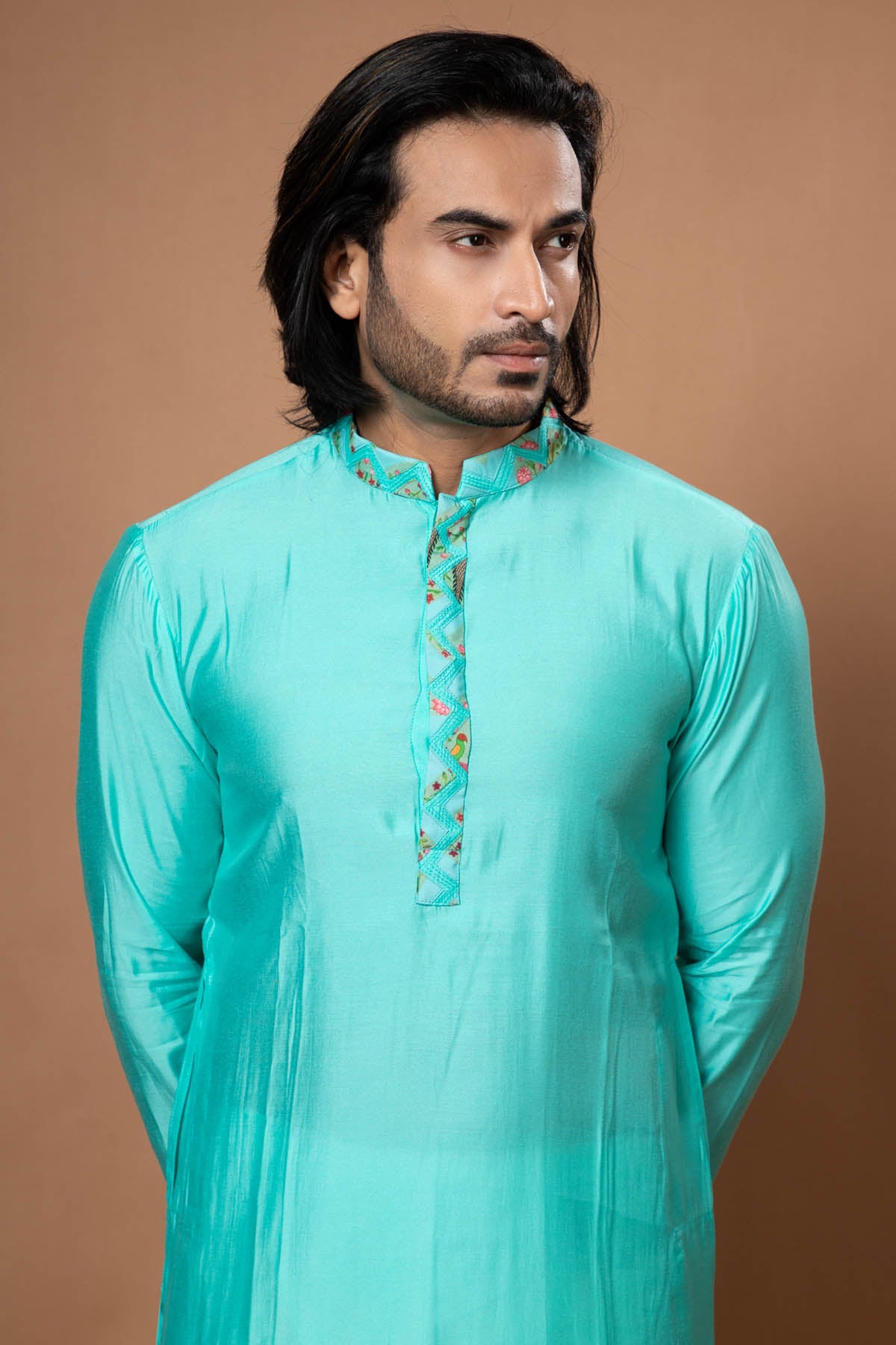 Blue Print Collar Kurta & Pyjama