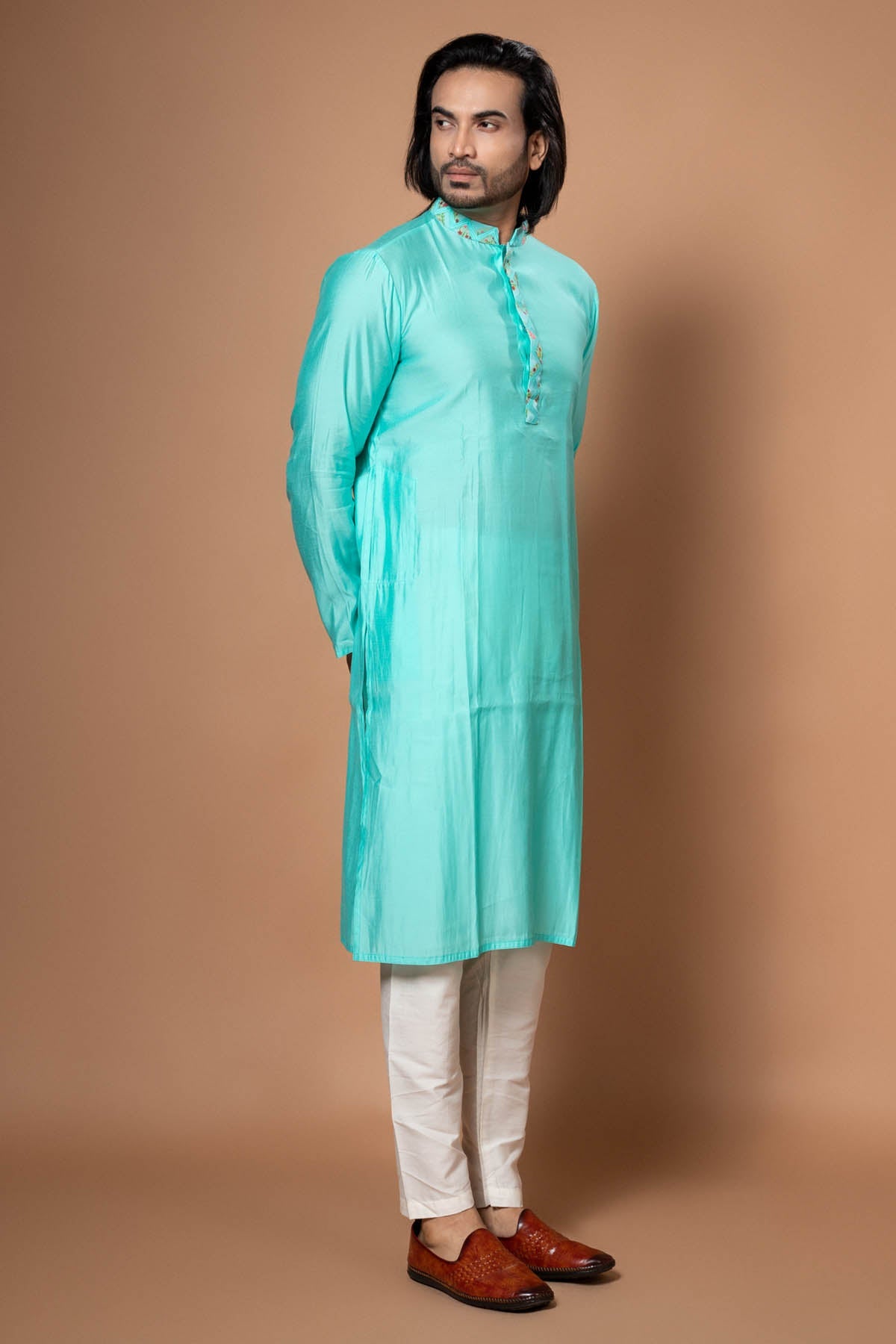 Priyanka Haralalka Blue Print Collar Kurta & Pyjama for men online at ScrollnShops