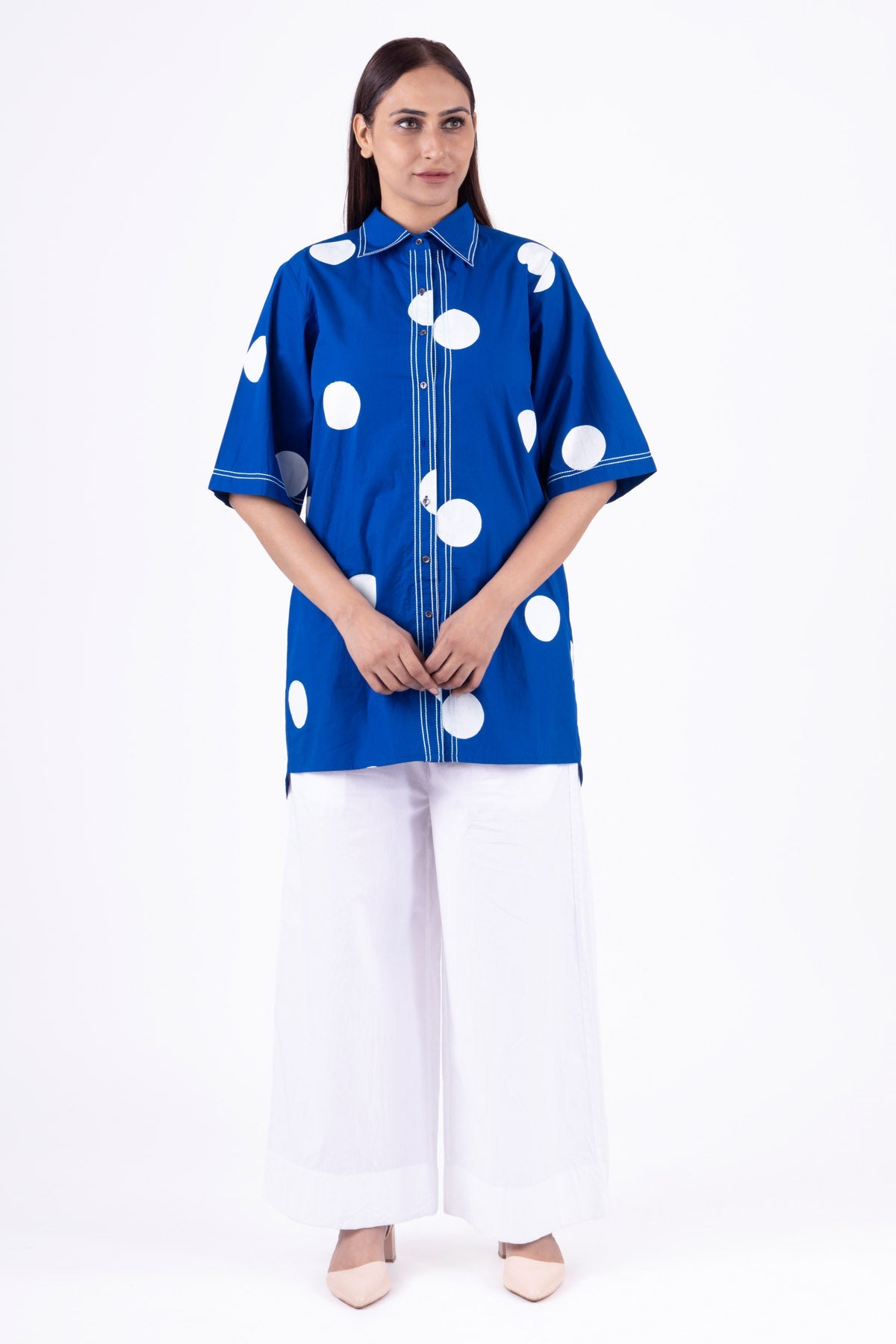 Khat Clothing Blue Print Collar Top & Pants for women online at ScrollnShops