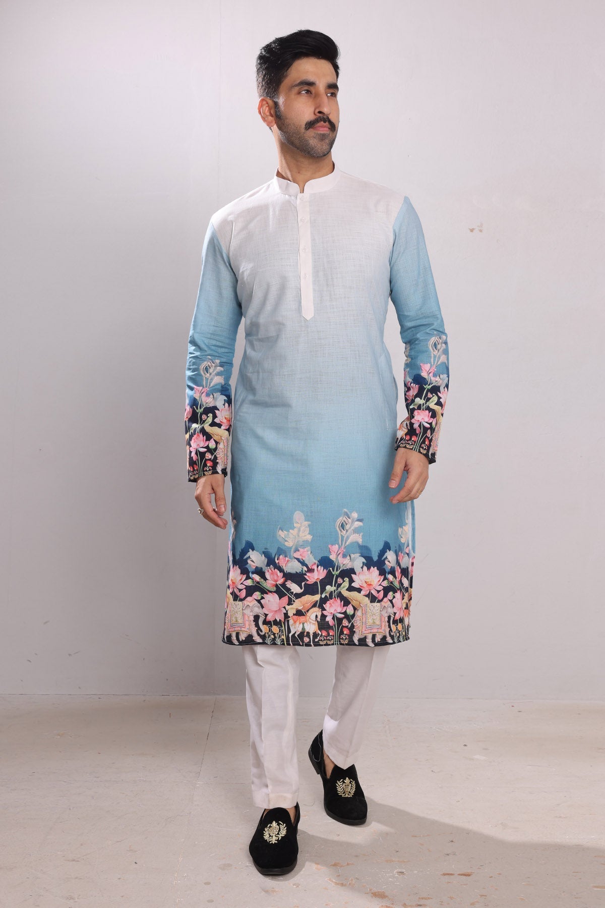 Buy Blue Print Cotton Ombre Kurta by SNEHA B - Men for men online at ScrollnShops