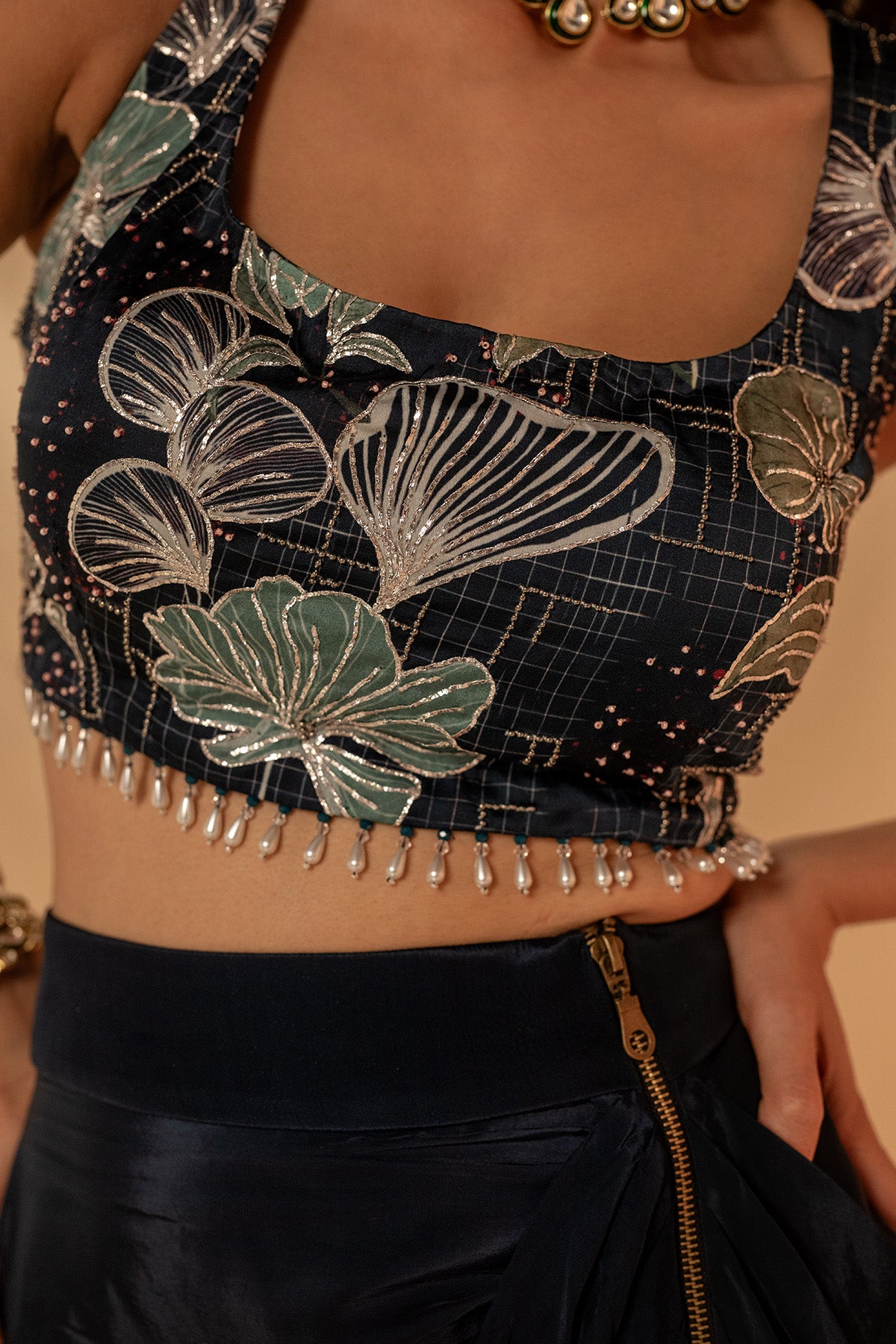 Blue Print Embroidered Cape Set