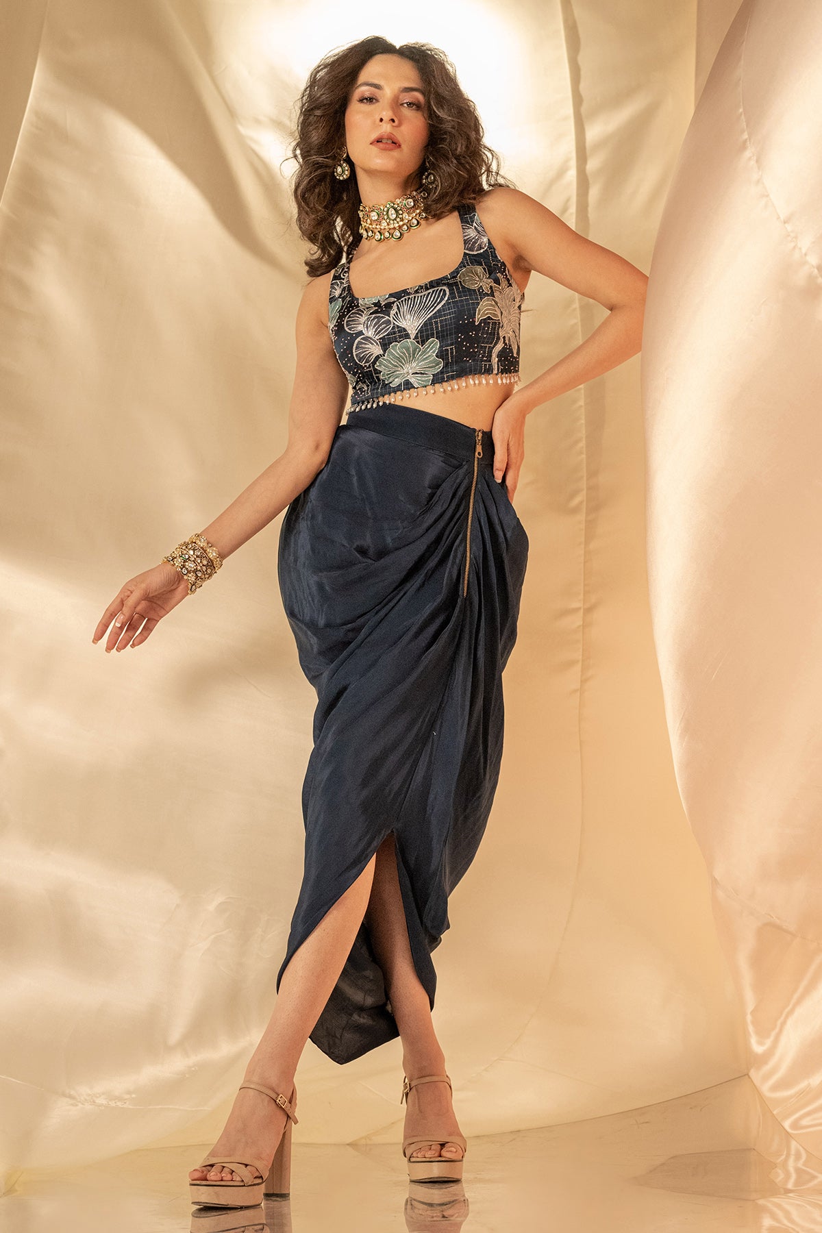 Blue Print Embroidered Cape Set