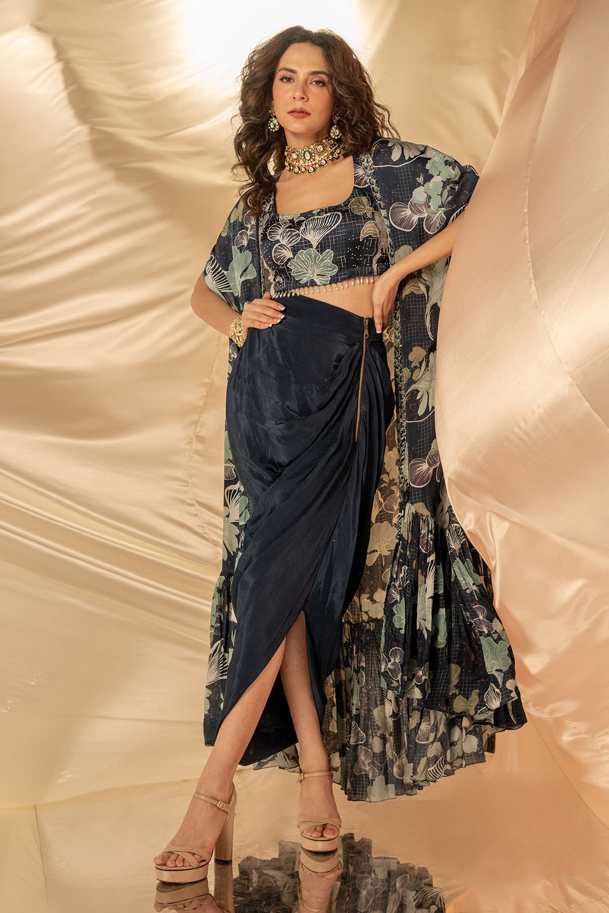 Blue Print Embroidered Cape Set