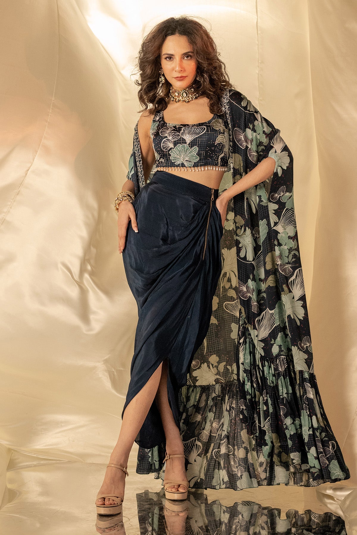 Buy Blue Print Embroidered Cape Set by Shristi Chetani for women online at ScrollnShops