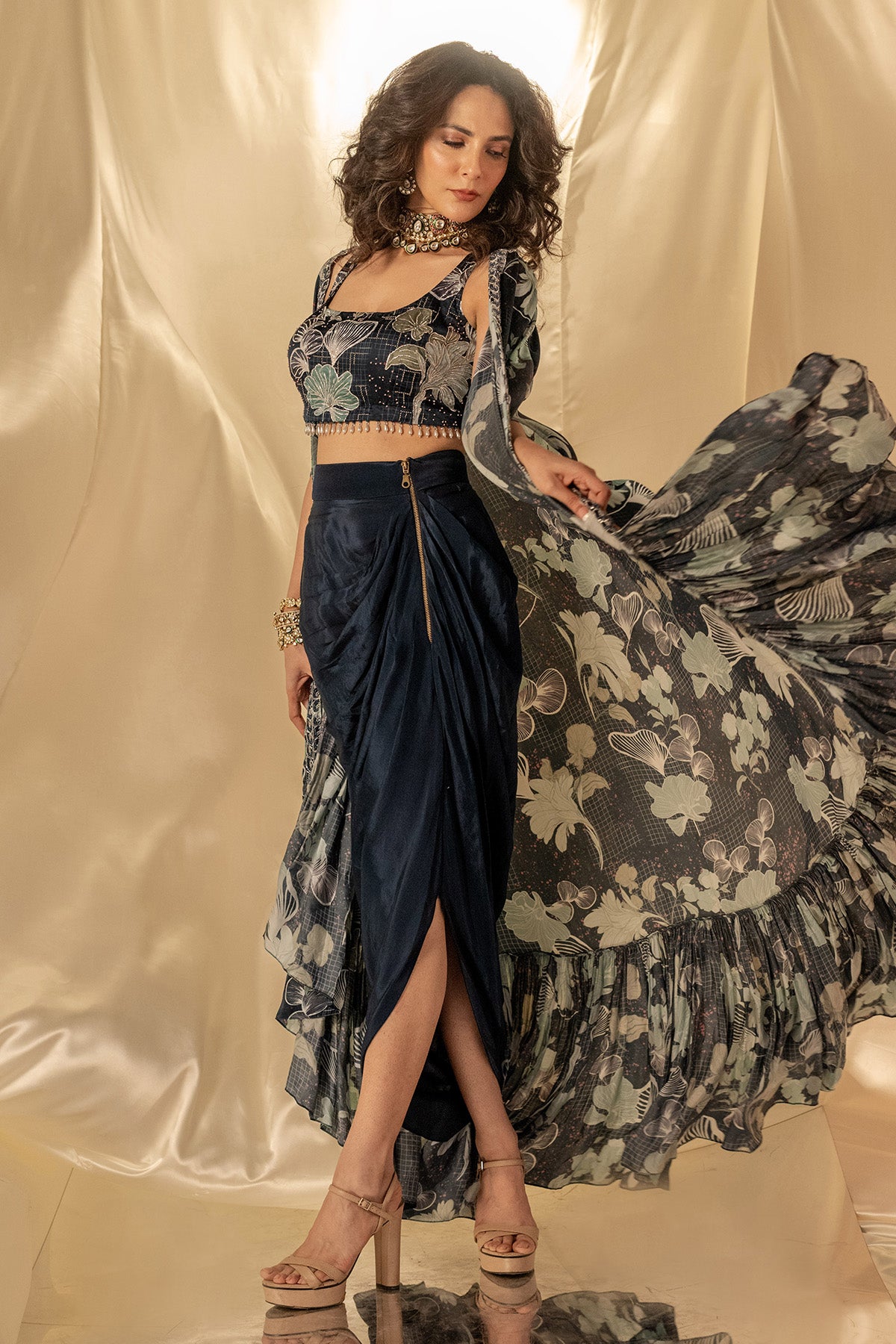 Blue Print Embroidered Cape Set