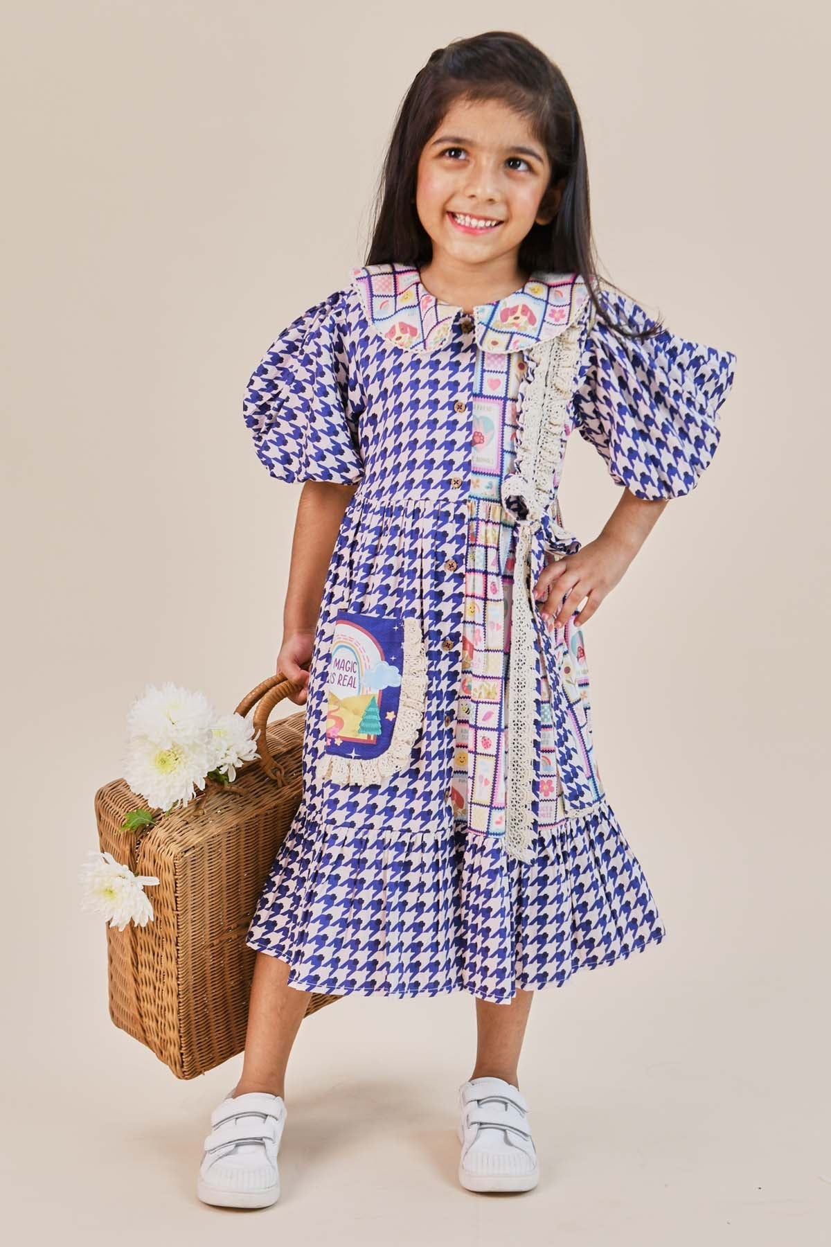 Little Shiro Blue Print Flared Midi Dress for kids online at ScrollnShops