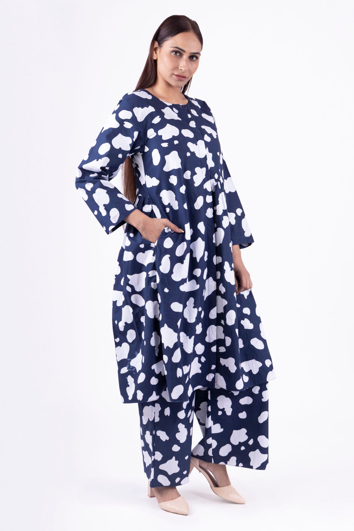 Blue Print Gathered Kurta Set