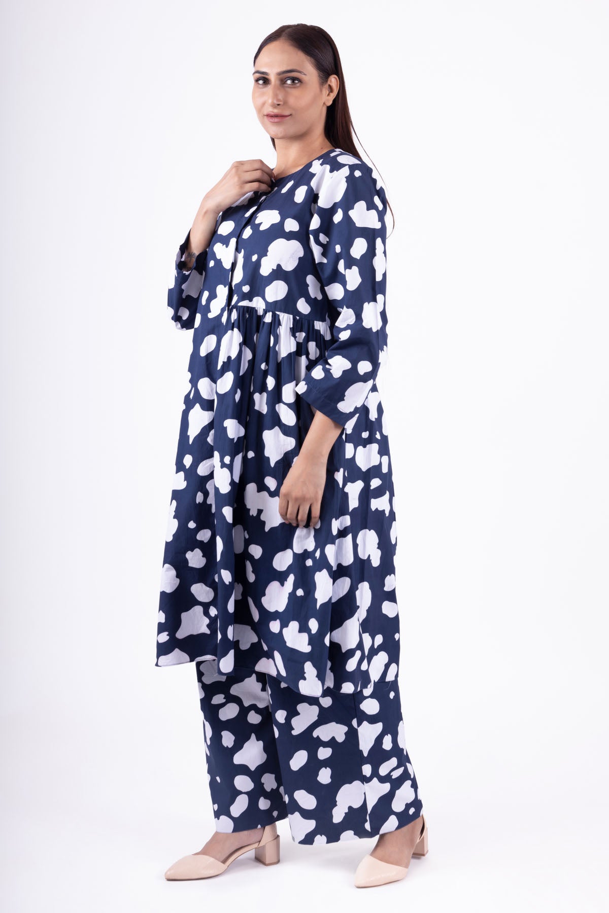 Blue Print Gathered Kurta Set