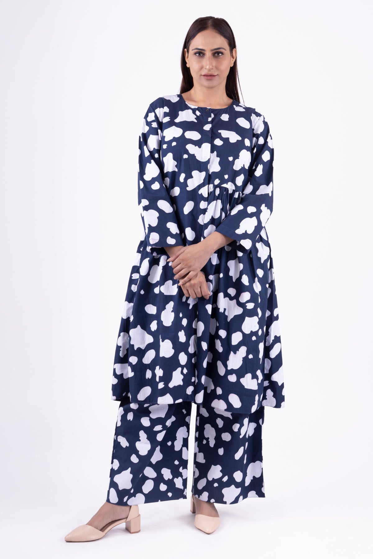 Blue Print Gathered Kurta Set