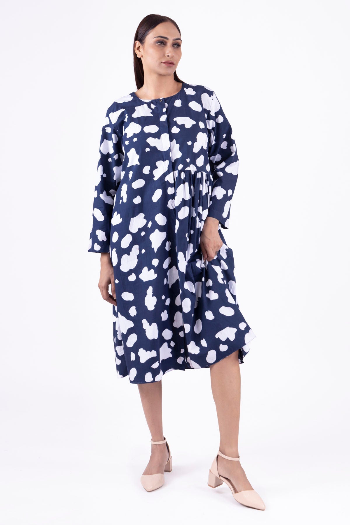 Buy Designer Blue Print Gathered Midi Dress Online