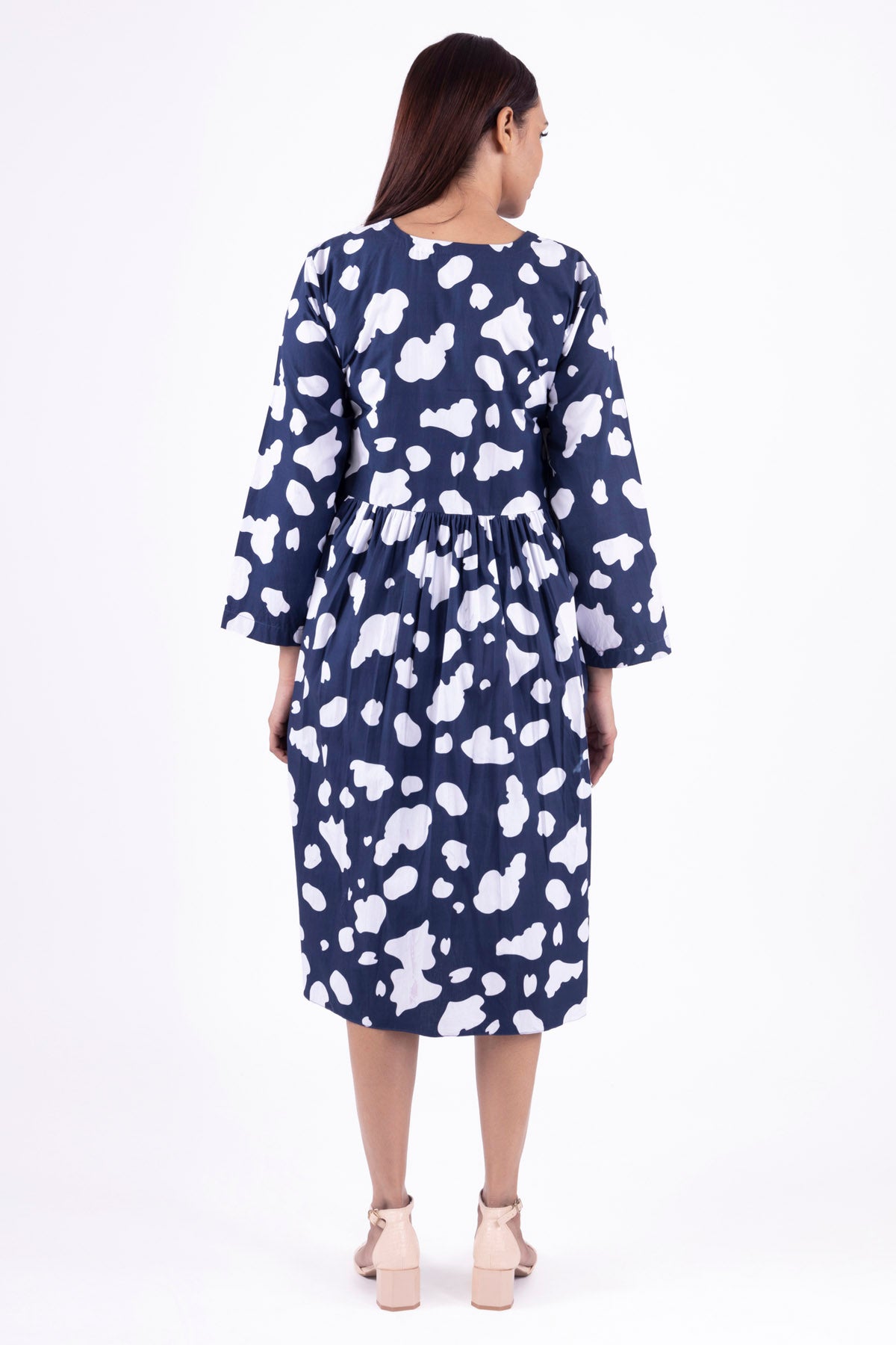 Blue Print Gathered Midi Dress