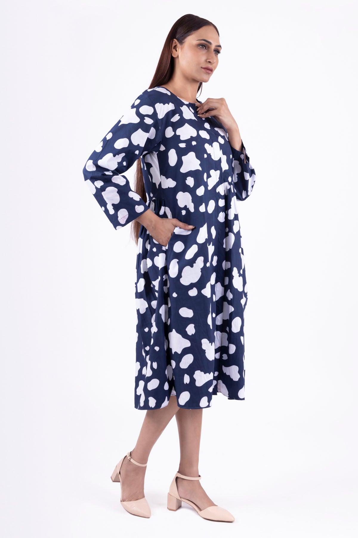 Blue Print Gathered Midi Dress