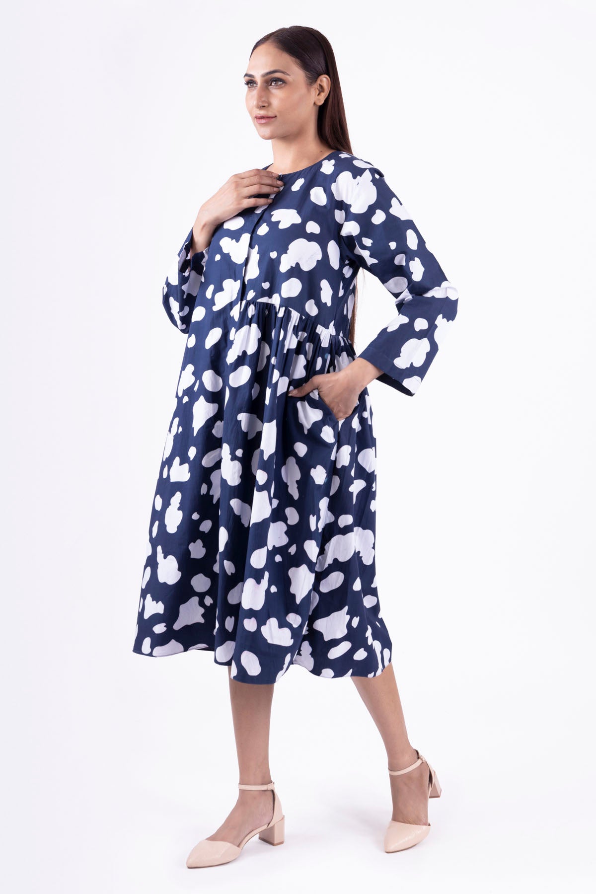Blue Print Gathered Midi Dress