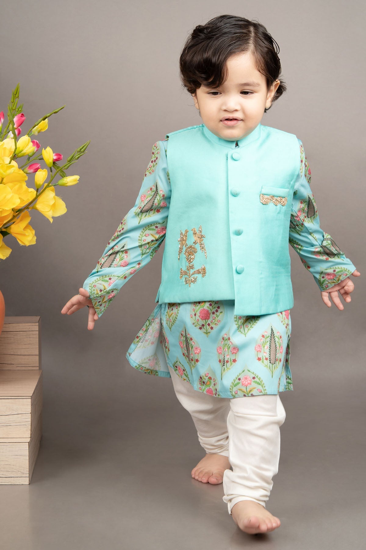 Little Brats Regal in Aqua: Embroidered Jacket Kurta Set kidswear at scrollnshops