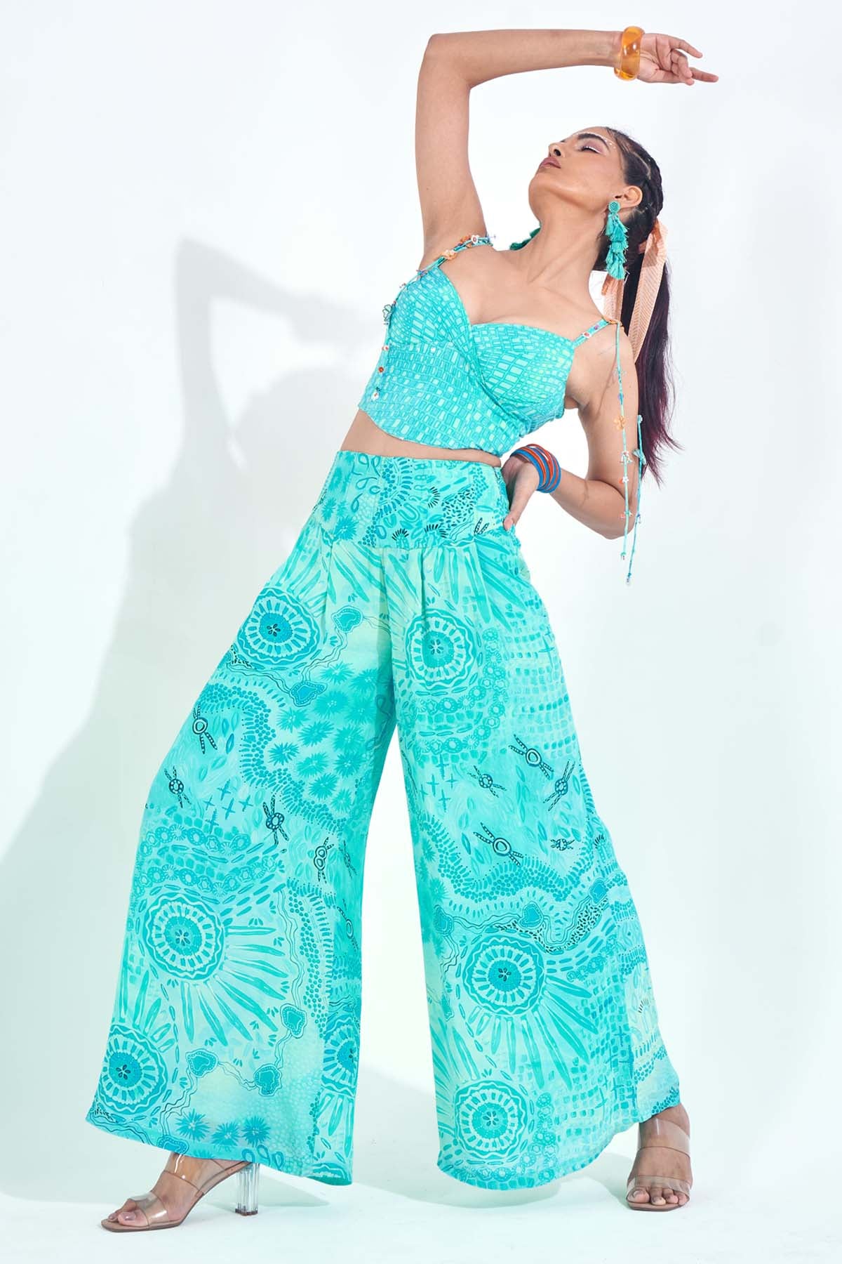Blue Print Pleated Flare Pants