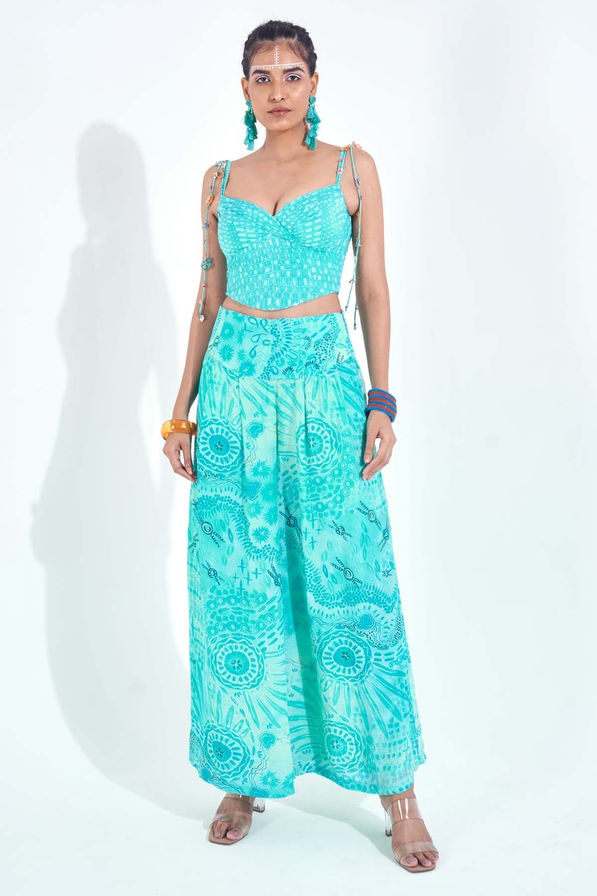 Buy Blue Print Pleated Flare Pants Online