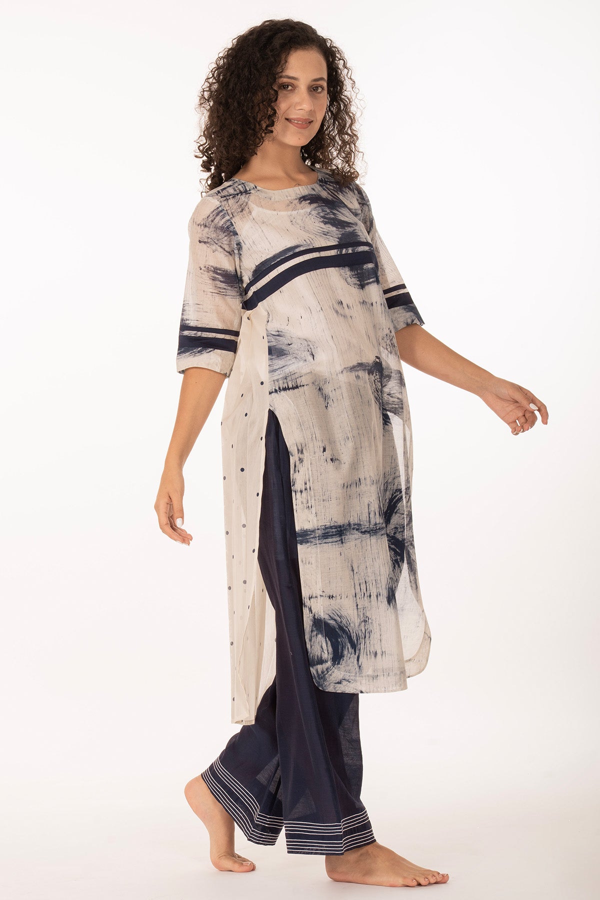 Blue Print Pleated Kurta & Pant