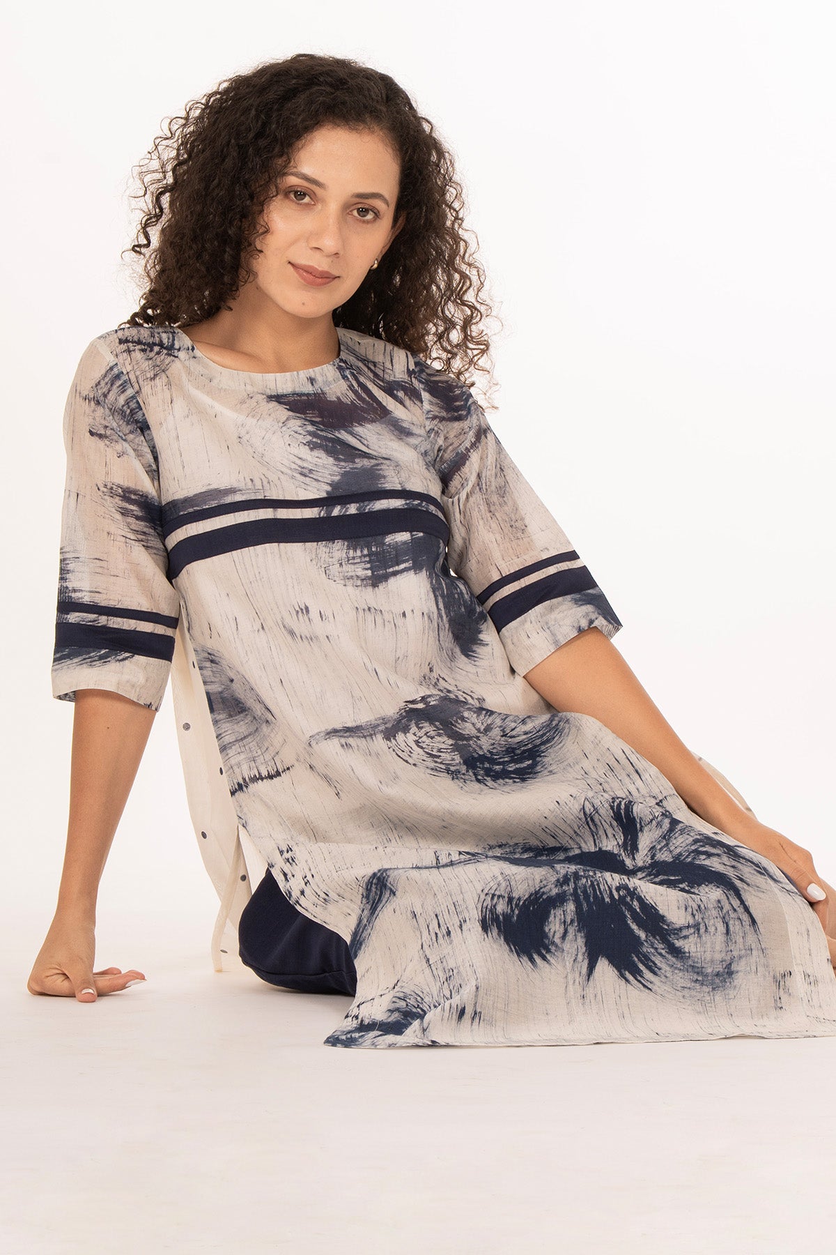 Blue Print Pleated Kurta & Pant