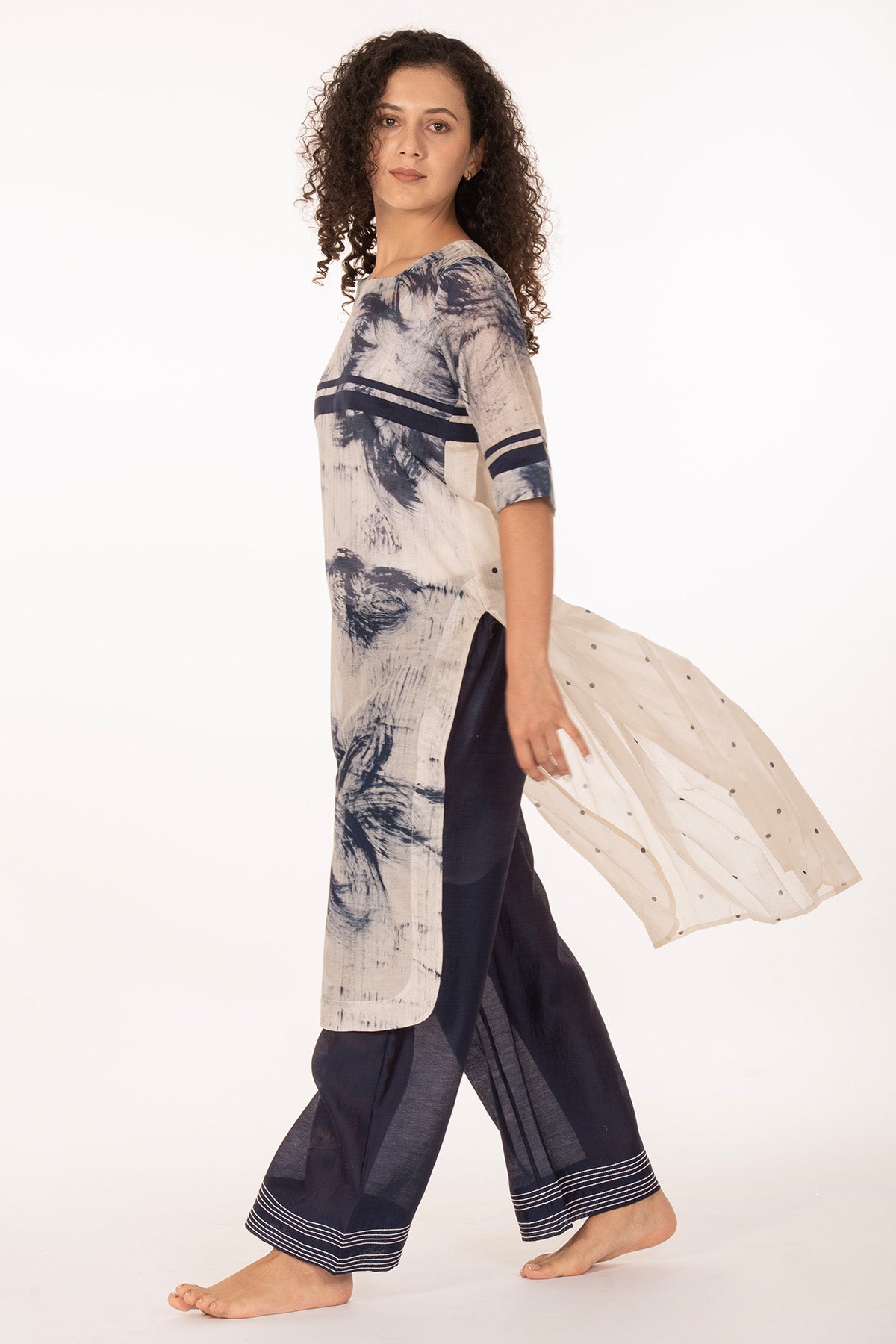 Blue Print Pleated Kurta & Pant