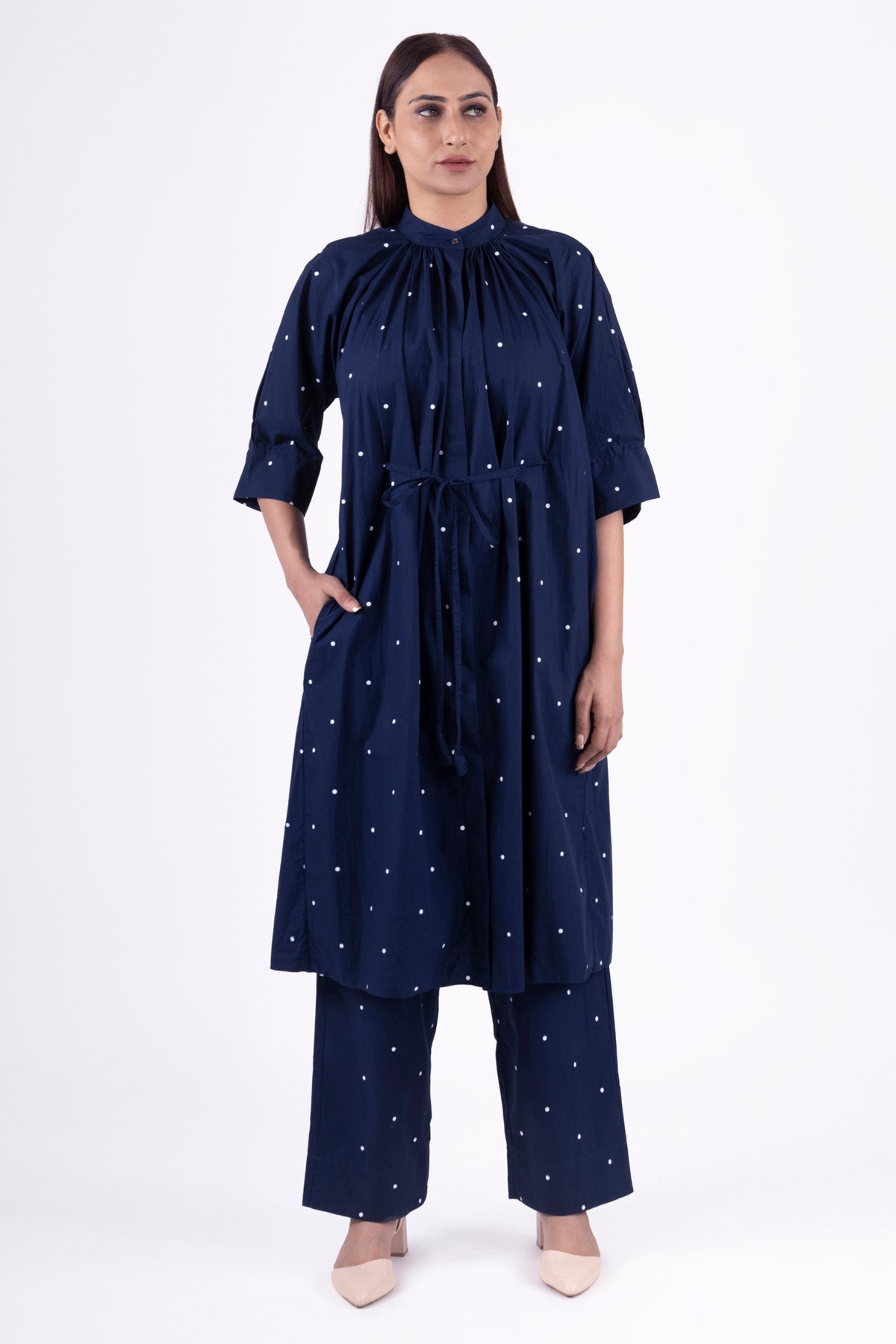 Buy Designer Blue Print Pleated Kurta Set Online