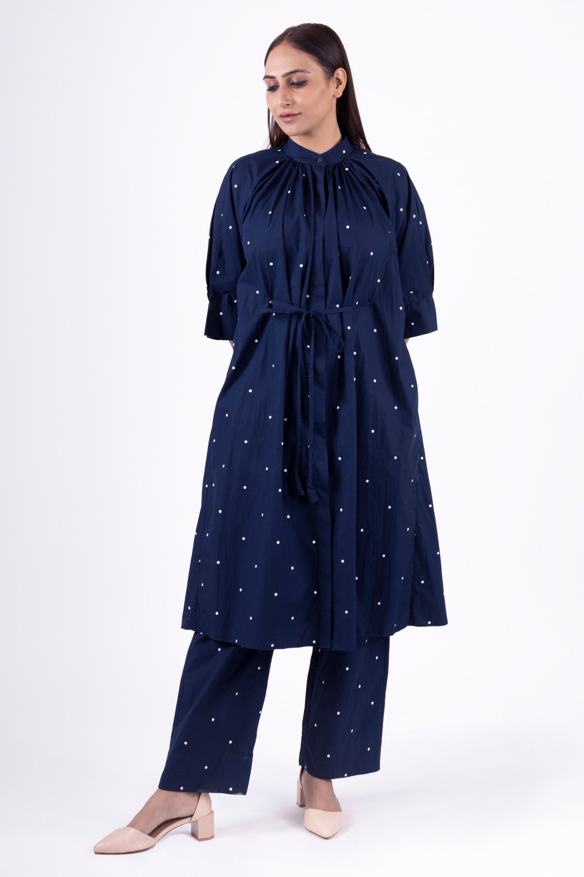 Blue Print Pleated Kurta Set