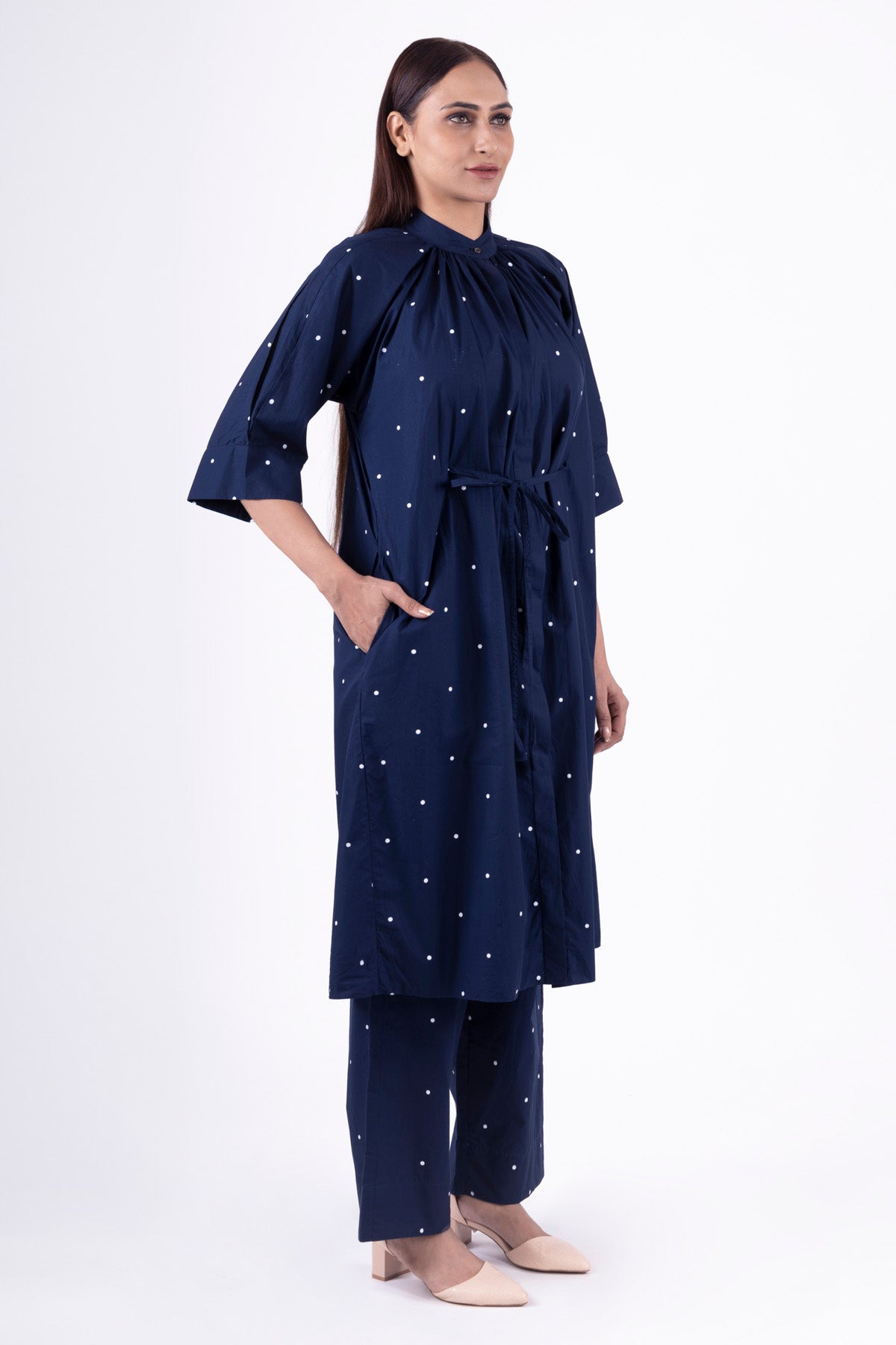 Blue Print Pleated Kurta Set