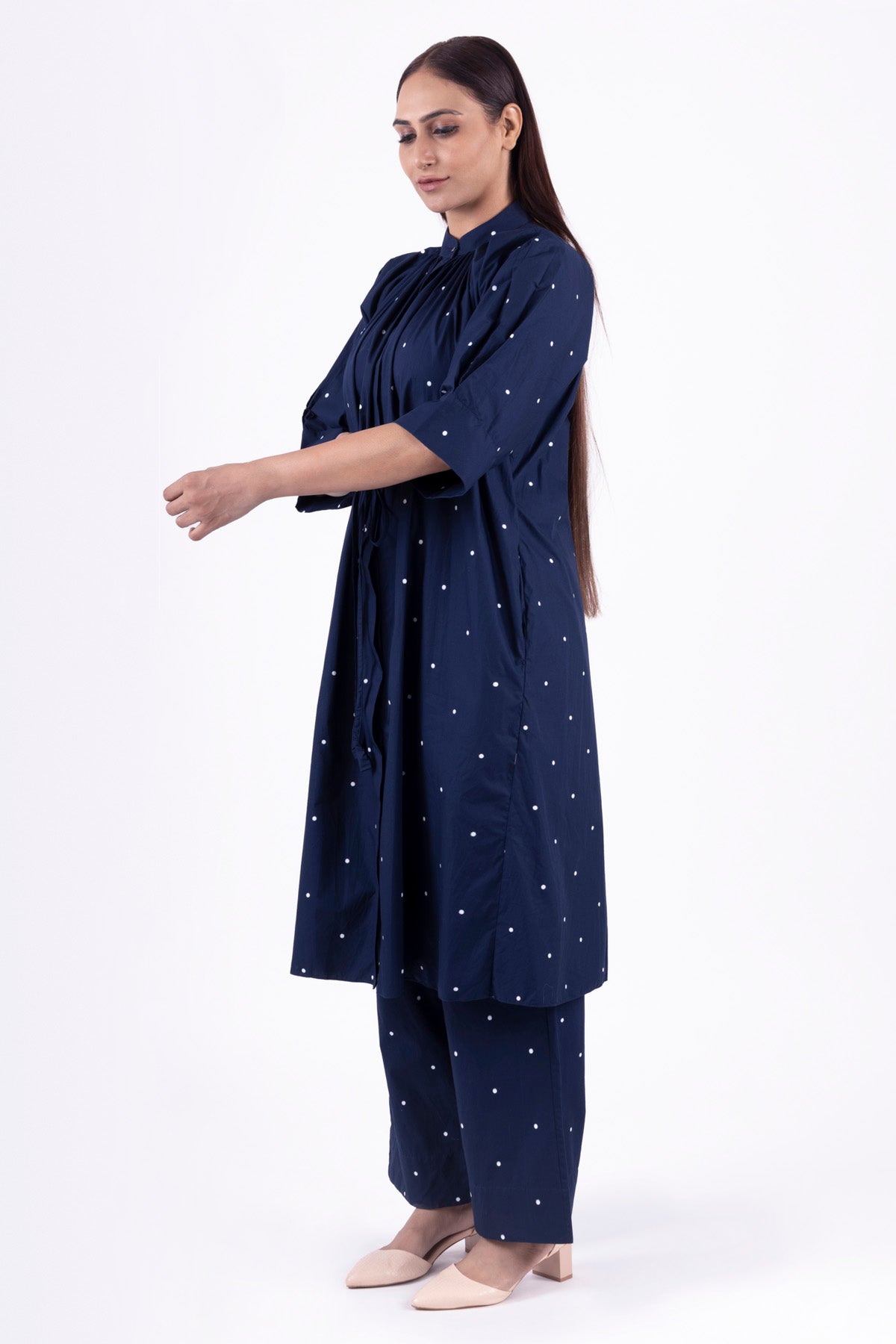 Blue Print Pleated Kurta Set