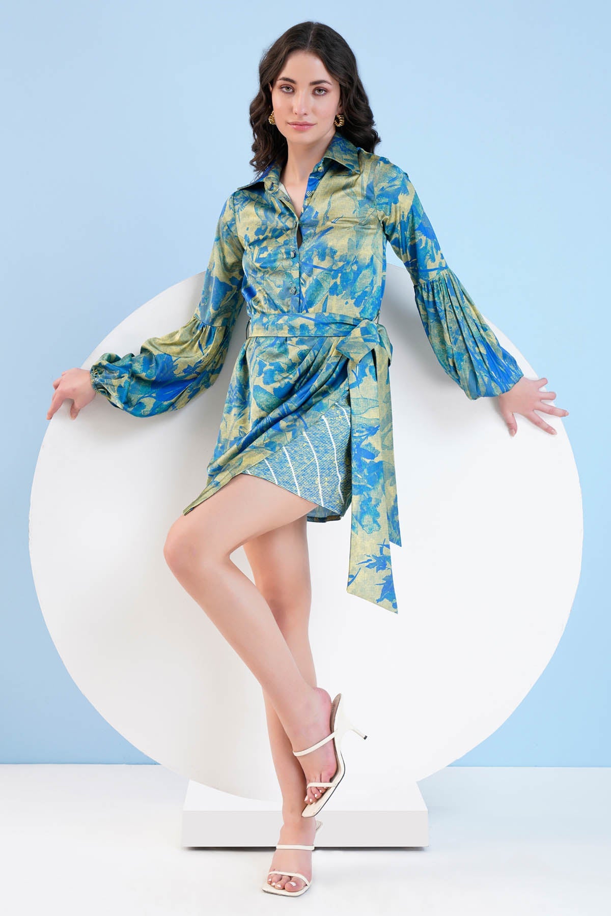 Buy Mandira Wirk Gilded Garden: Button-Down Blue Satin Dress For Women at ScrollnShops