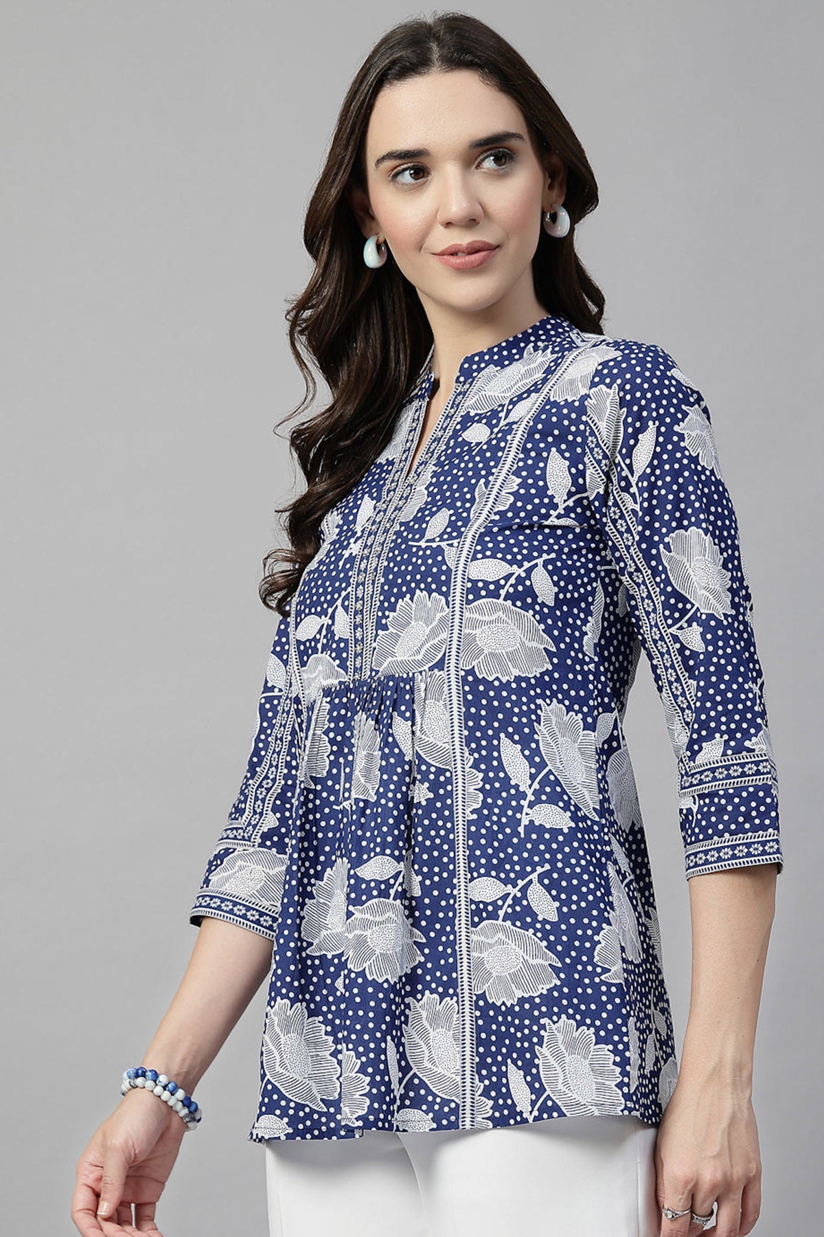 Buy Blue Printed Band Collar Top for Women by Qomn Designer online available at scrollnshops