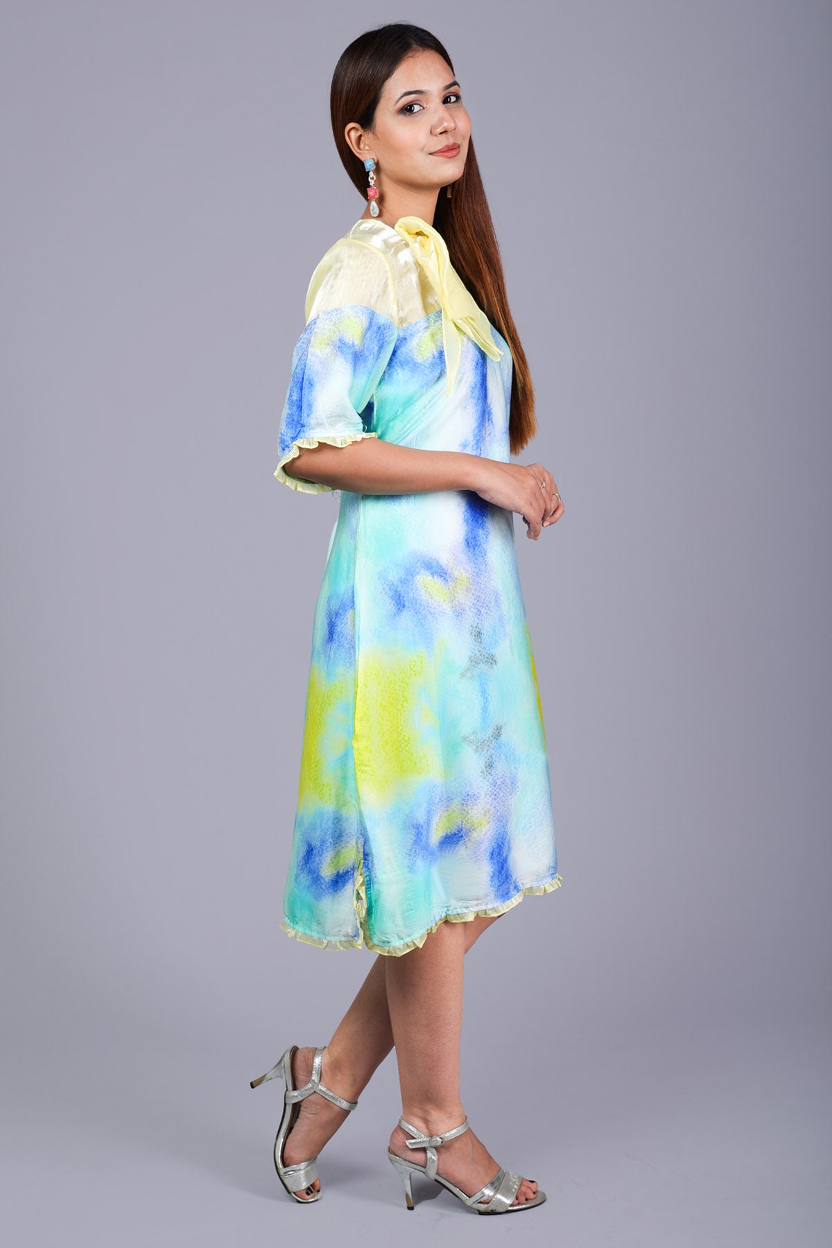 Blue Printed Bow Midi dress