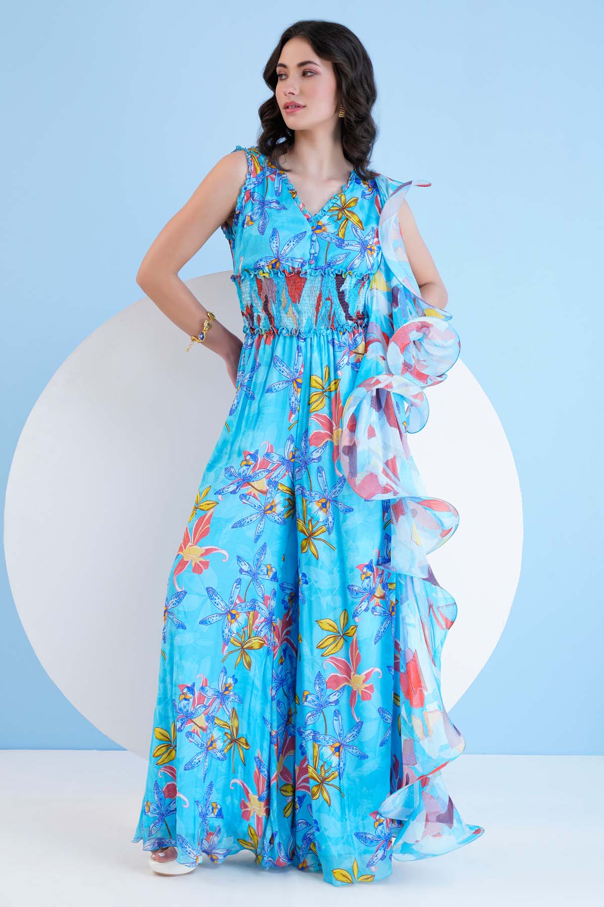 Buy Mandira Wirk Teal Blue Botanical Print Chiffon Jumpsuit: Frilled Neckline, Cascading Detail For Women at ScrollnShops