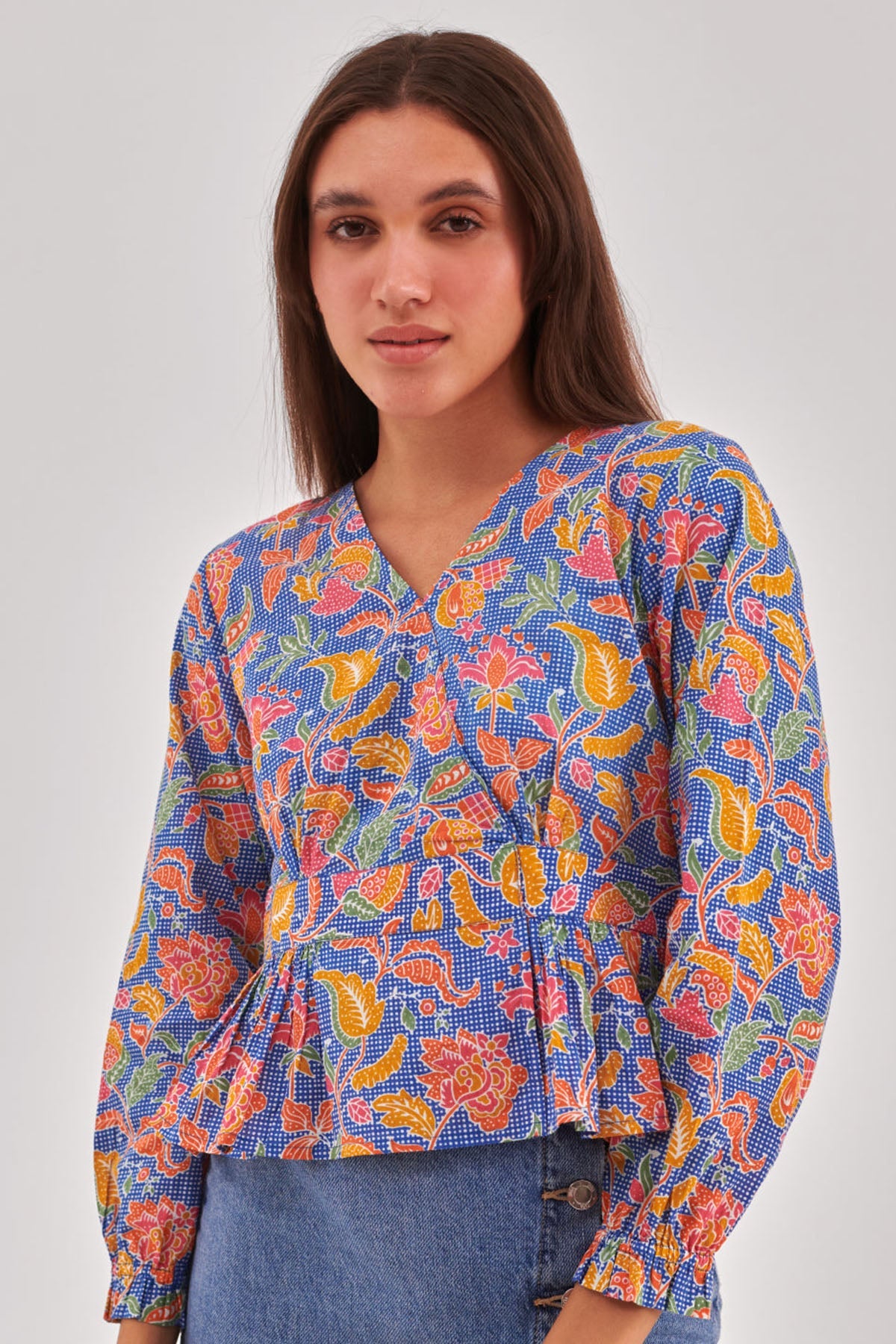 Buy Blue Printed Cinched Waist Top for Women by Qomn Designer online available at scrollnshops