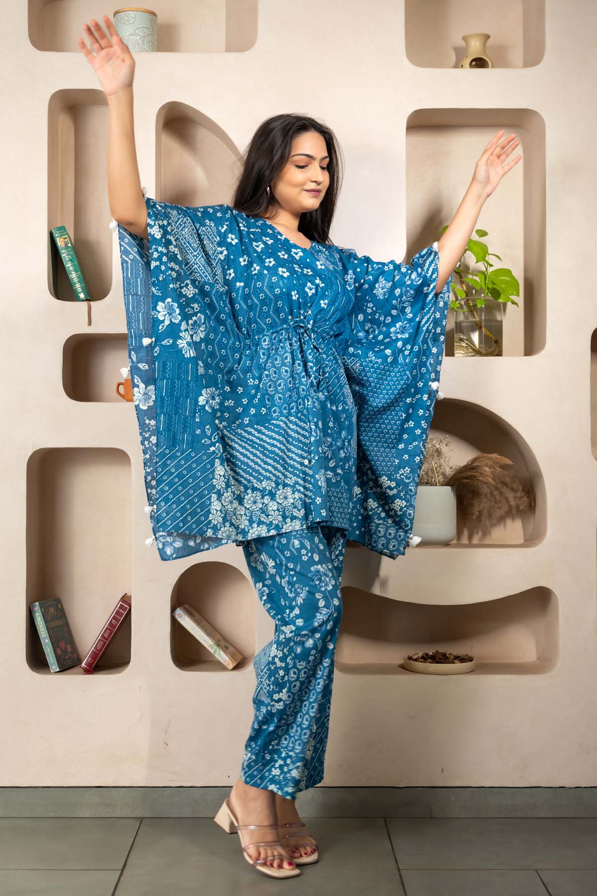 Eesha Gupta Blue Printed Cotton Kaftan Set for women online at ScrollnShops