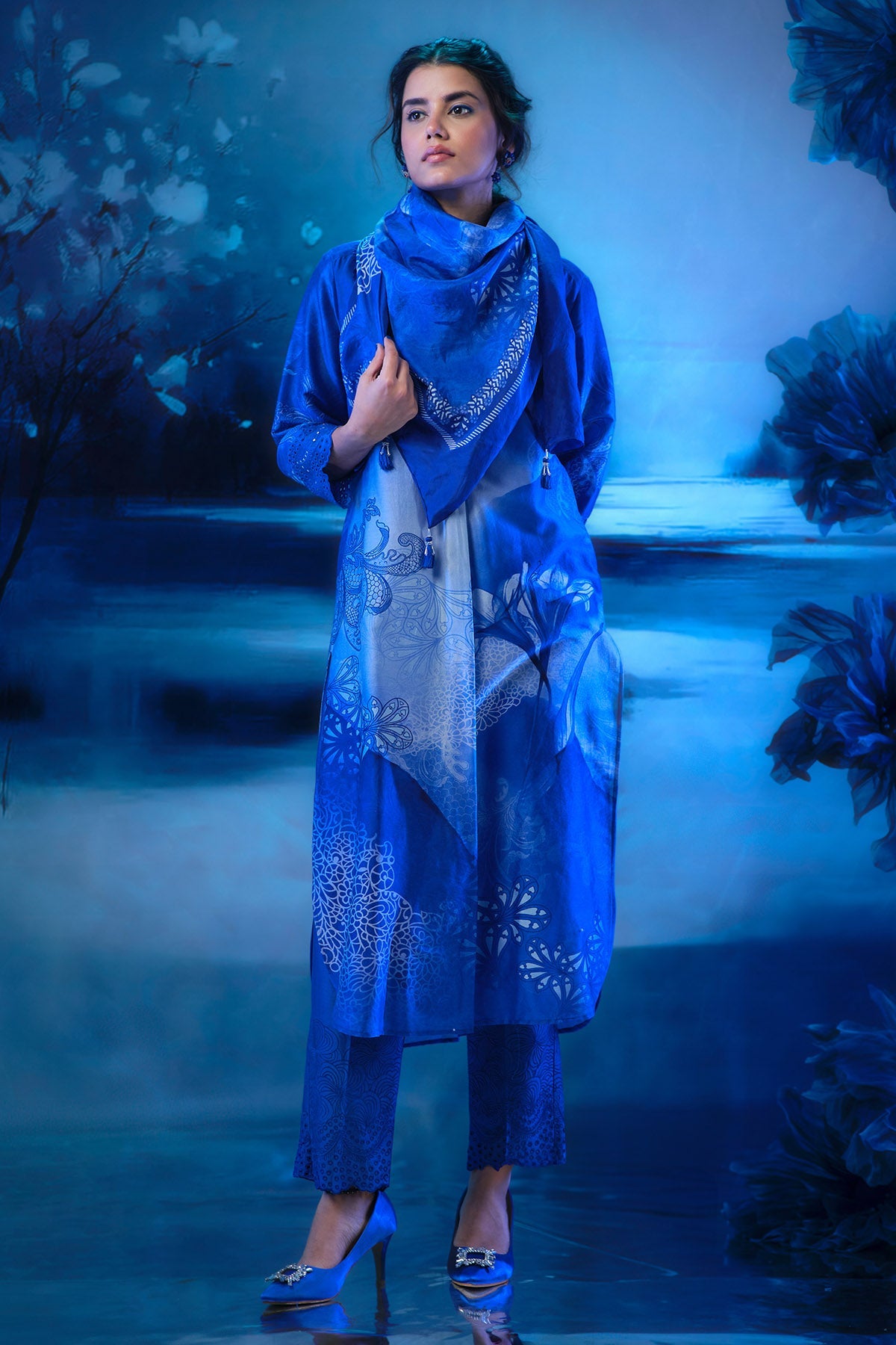 Buy Blue Printed Cutwork Co-ord Set by Mandira Wirk for women online at ScrollnShops