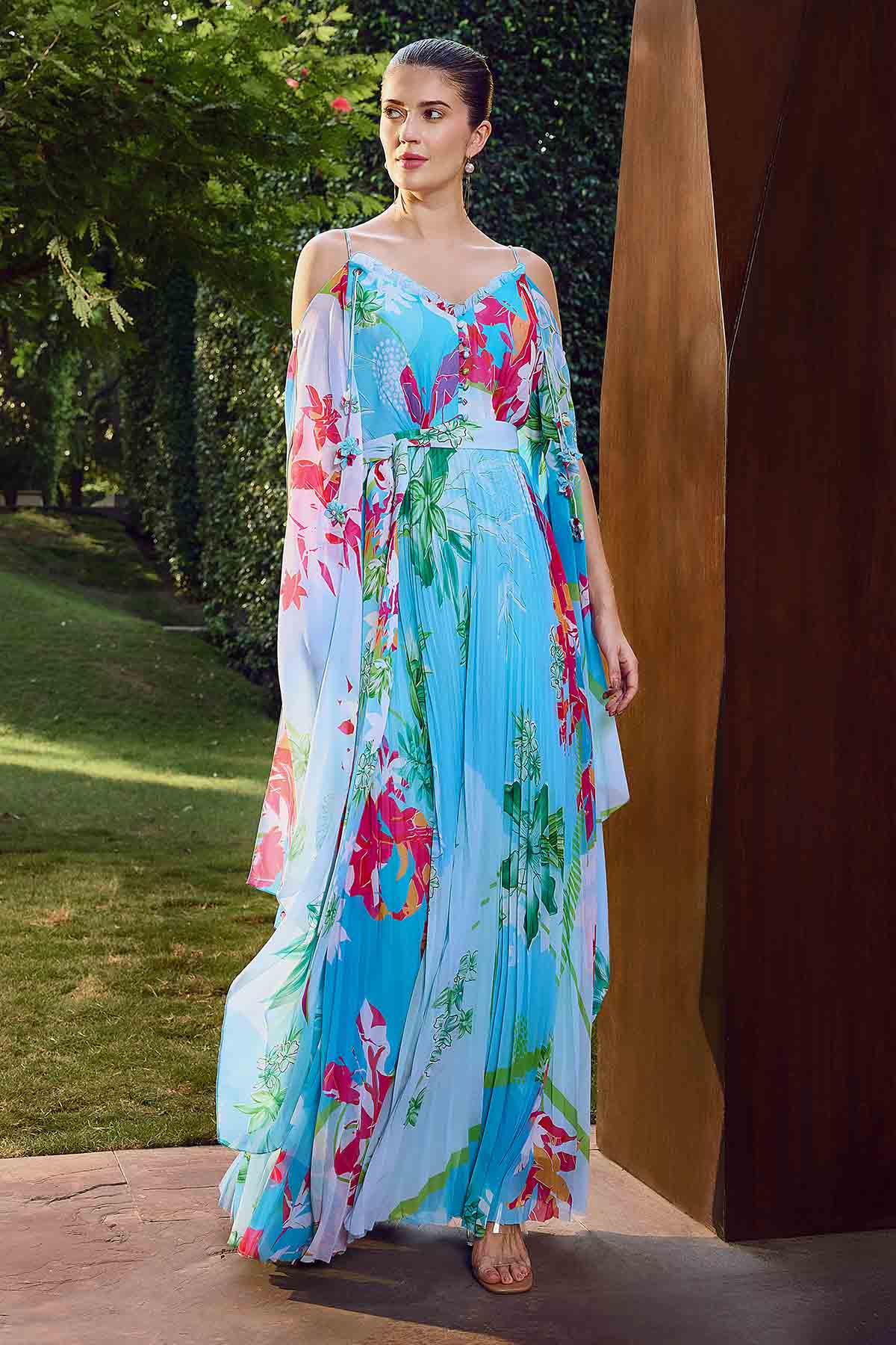 Blue Printed Deep V-neck Dress