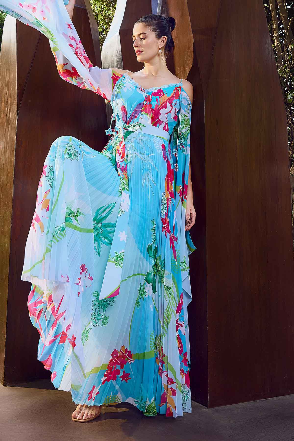 Buy Blue Printed Deep V-neck Dress by Mandira Wirk