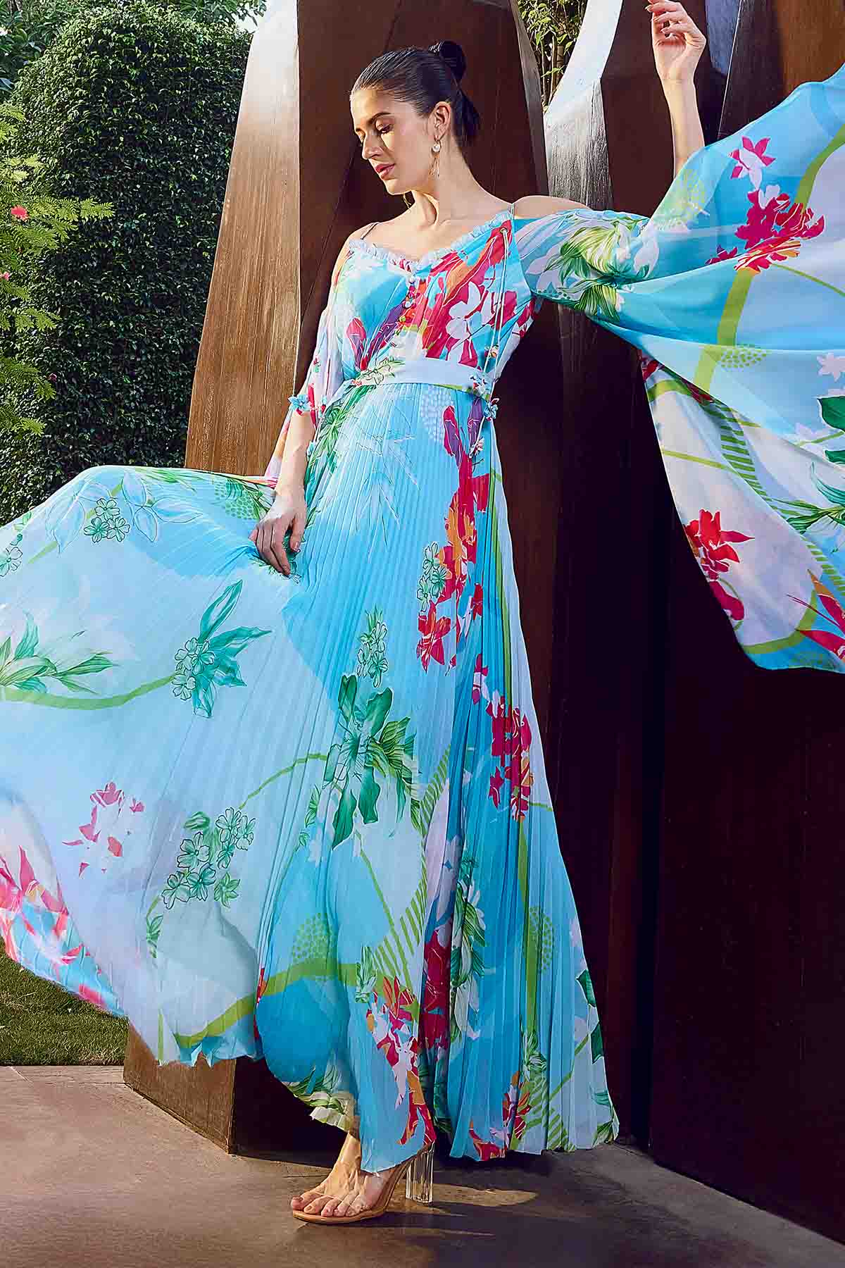 Buy Blue Printed Deep V-neck Dress by Mandira Wirk for women online at ScrollnShops