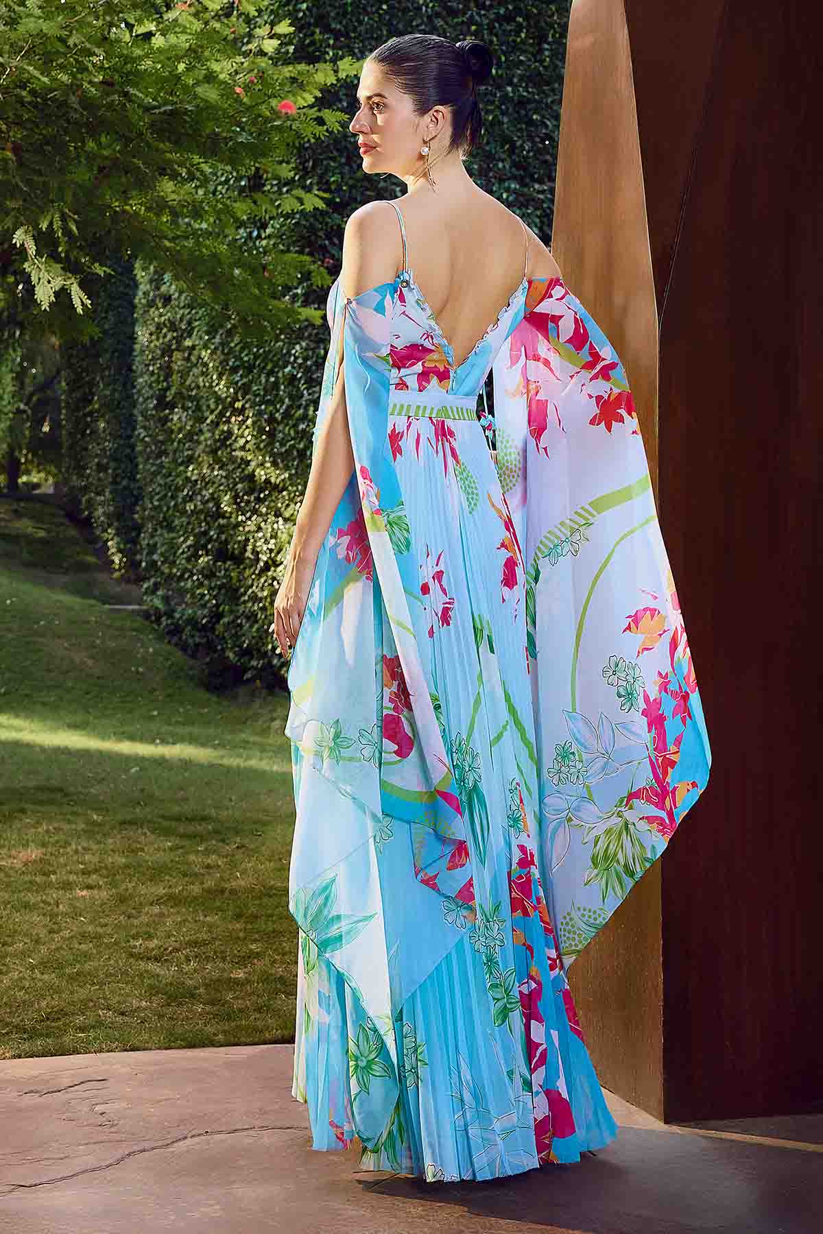 Blue Printed Deep V-neck Dress